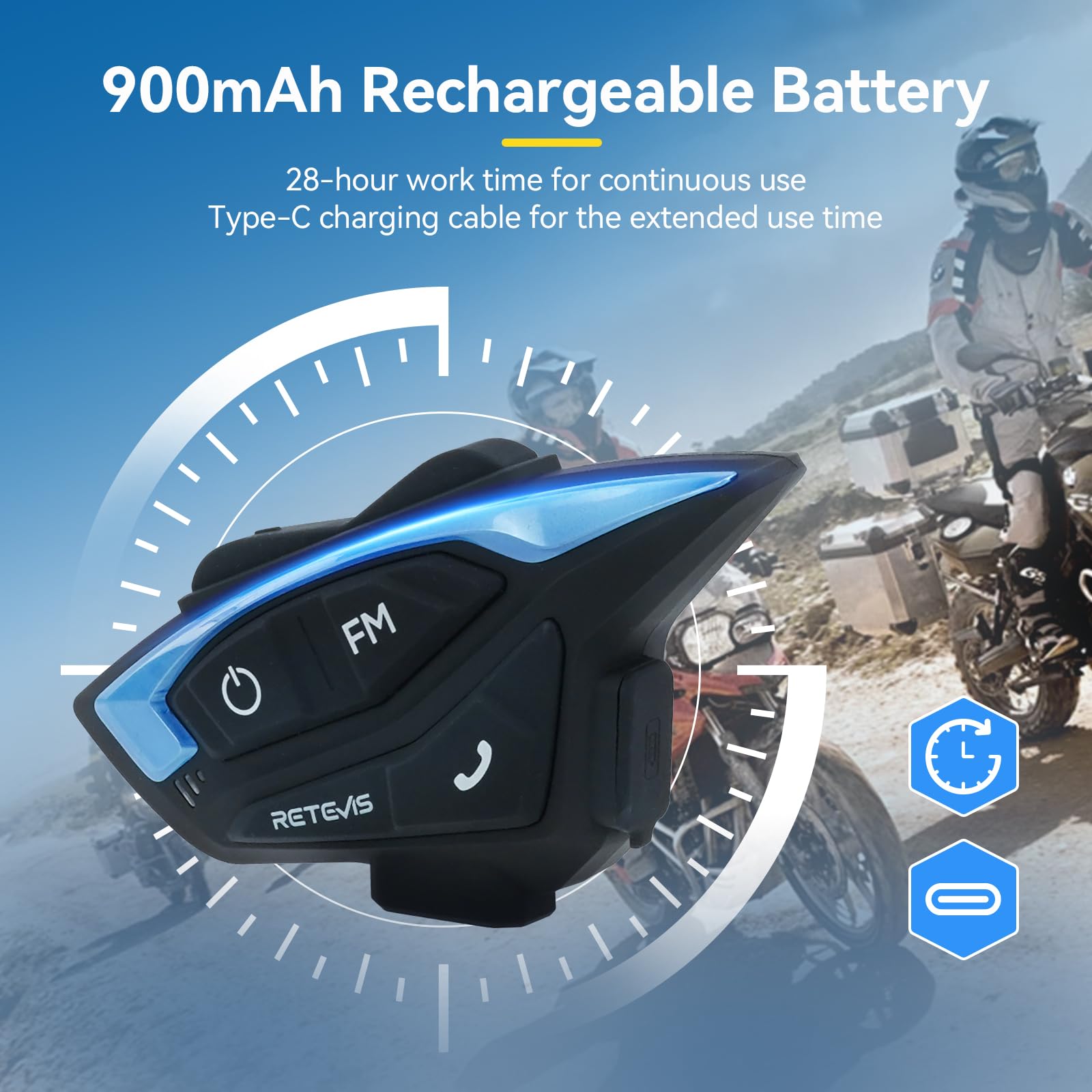 Retevis EZTalk 3A Motorcycle Bluetooth Helmet Intercom Headset - 5.1 Wireless Communication System with CVC Noise Cancellation, Music Sharing & IP65 Waterproof for 2 Riders (1000m Range) - Perfect for Group Riding, Road Trips & Adventure Motorcycling