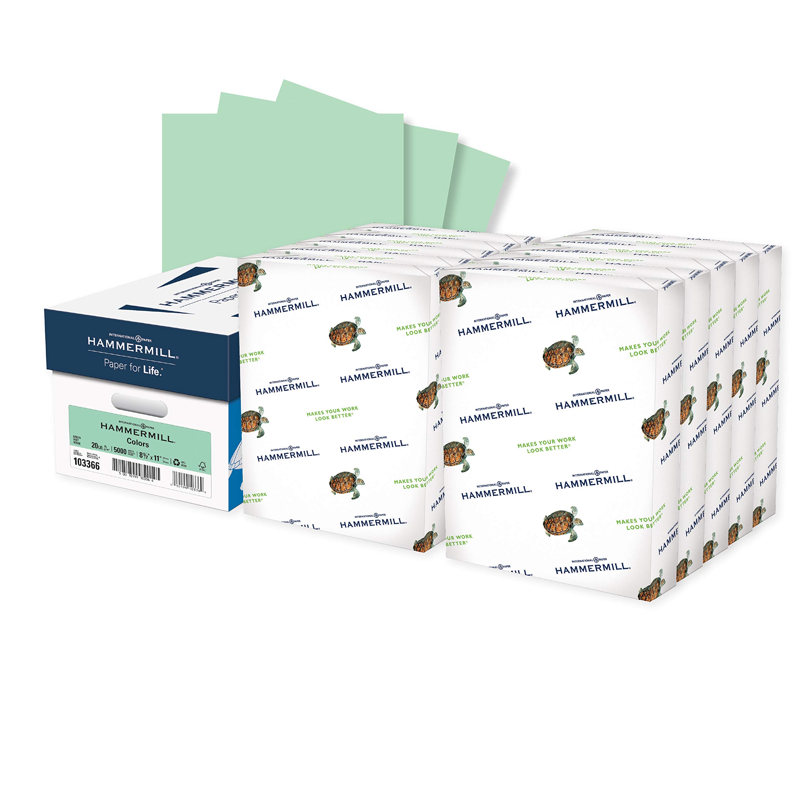 Hammermill 20 lb Green Colored Printer Paper, 8.5 x 11 Inches - 10 Reams (5,000 Sheets) Pastel Paper for Office, School, Crafting & DIY Projects - Made in USA, Item 103366C