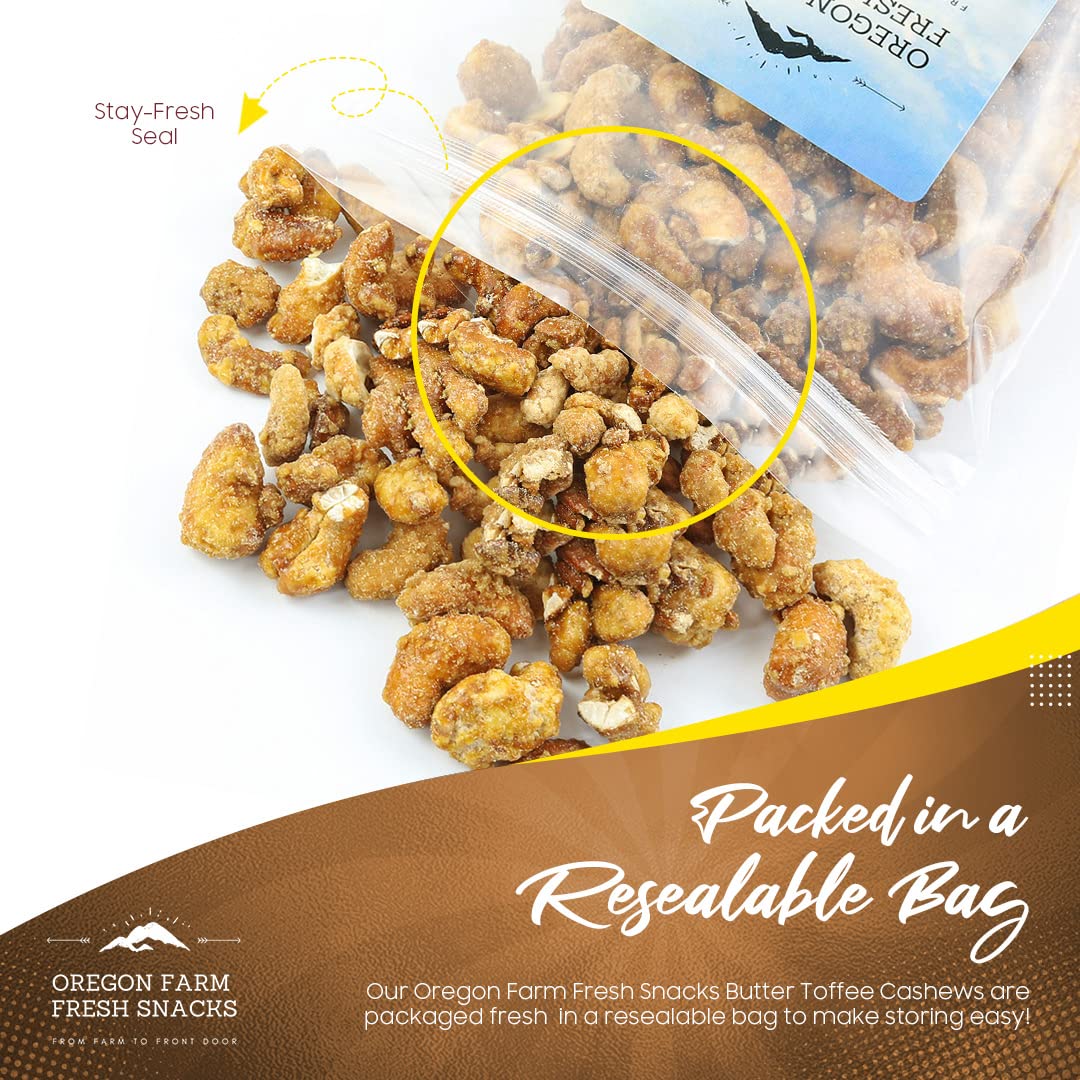 Oregon Farm Fresh Butter Toffee Cashews – 22oz Crunchy Sweet Coated Cashew Nuts – Healthy Nut Snacks for School, Office, Travel – Perfect for Gifts, Parties & Movie Nights