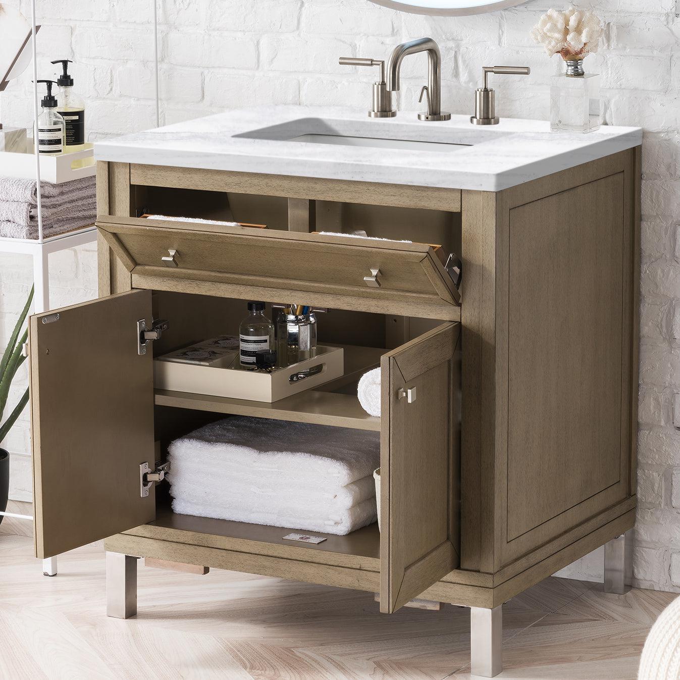 James Martin Vanities Chicago Collection 30-Inch Single Bathroom Vanity in Whitewashed Walnut with Countertop Options - Perfect for Modern Bathroom Renovations & Small Space Solutions