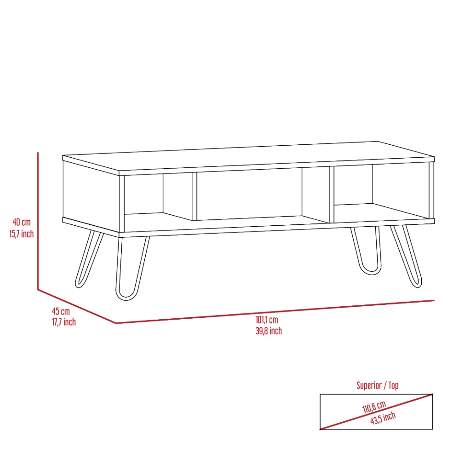 Vassel Modern Espresso Coffee Table with 4 Sturdy Legs & 2 Spacious Shelves - Perfect for Living Room, Lounge, or Office Decor