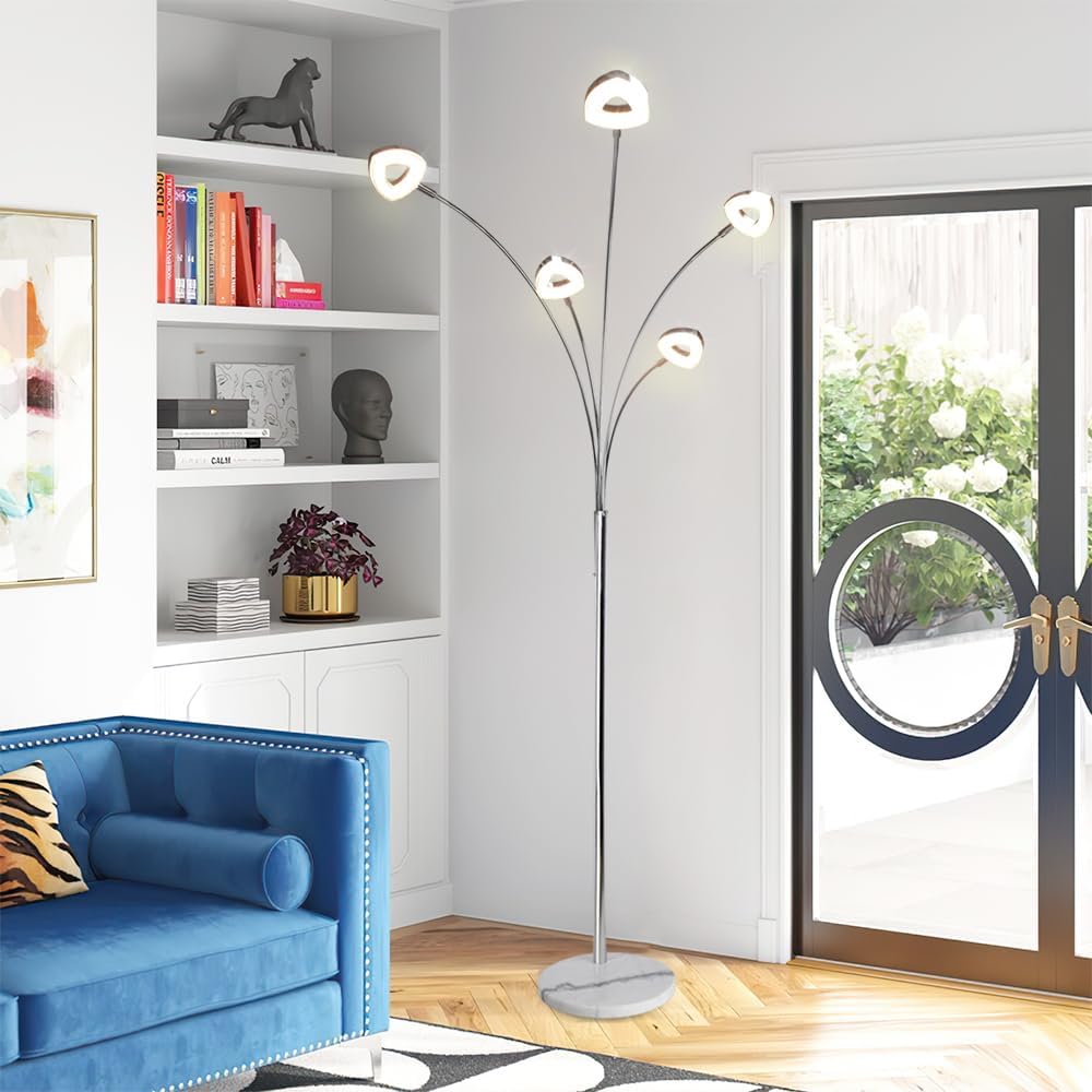 DINGLILIGHTING DLLT 5-Head Adjustable Arc Floor Lamp - Modern Spider Design with 5 Flexible Arms, 3 Brightness Levels (Warm White) - Silver Standing Tree Lamp for Living Room, Bedroom & Office - Perfect for Reading, Working and Ambient Lighting