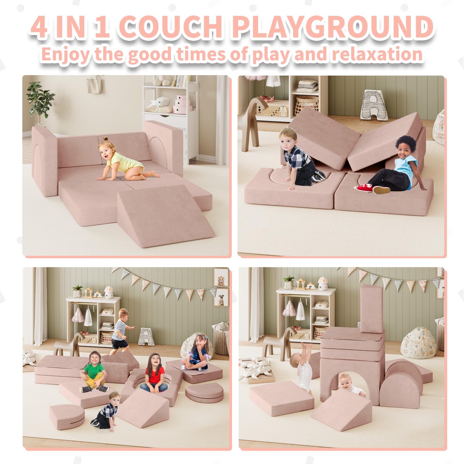 10PCS Modular Kids Play Couch with Climbing Slope - 10-in-1 Convertible Toddler Sofa for Play, Creativity & Nap Time - Soft Indoor Children's Furniture for Boys & Girls (Pink) - Perfect for Playrooms, Bedrooms & Daycare Centers