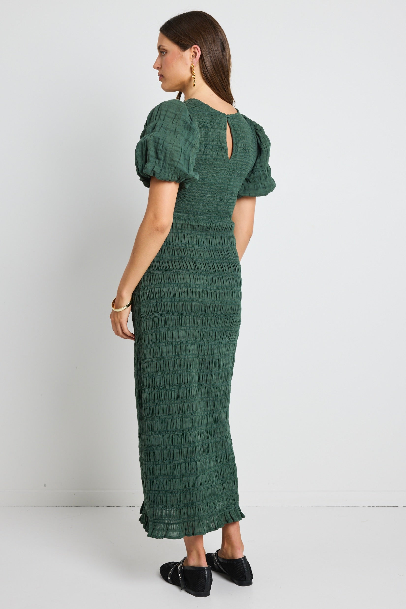 Jade Forest Shirred Cotton Puff Short Sleeve Ruched Maxi Dress - Flowy Summer Beach Dress for Women, Perfect for Vacations, Weddings & Boho Outfits
