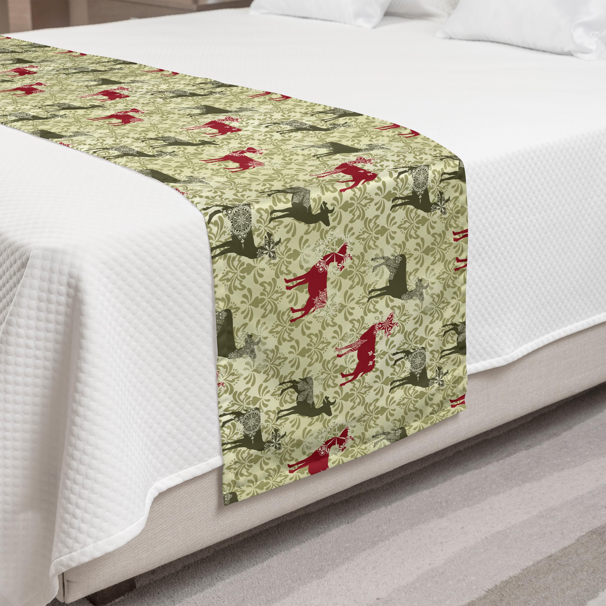 Ambesonne Christmas Bed Runner - Antique Rococo Damask Vintage Snowflake & Deer Pattern Decorative Bed Scarf - Dark Green & Avocado Green Holiday Bedding Accent for Hotels, Homes & Guestrooms - Perfect for Winter Decor, Festive Bedroom Styling & Seasonal Home Makeover