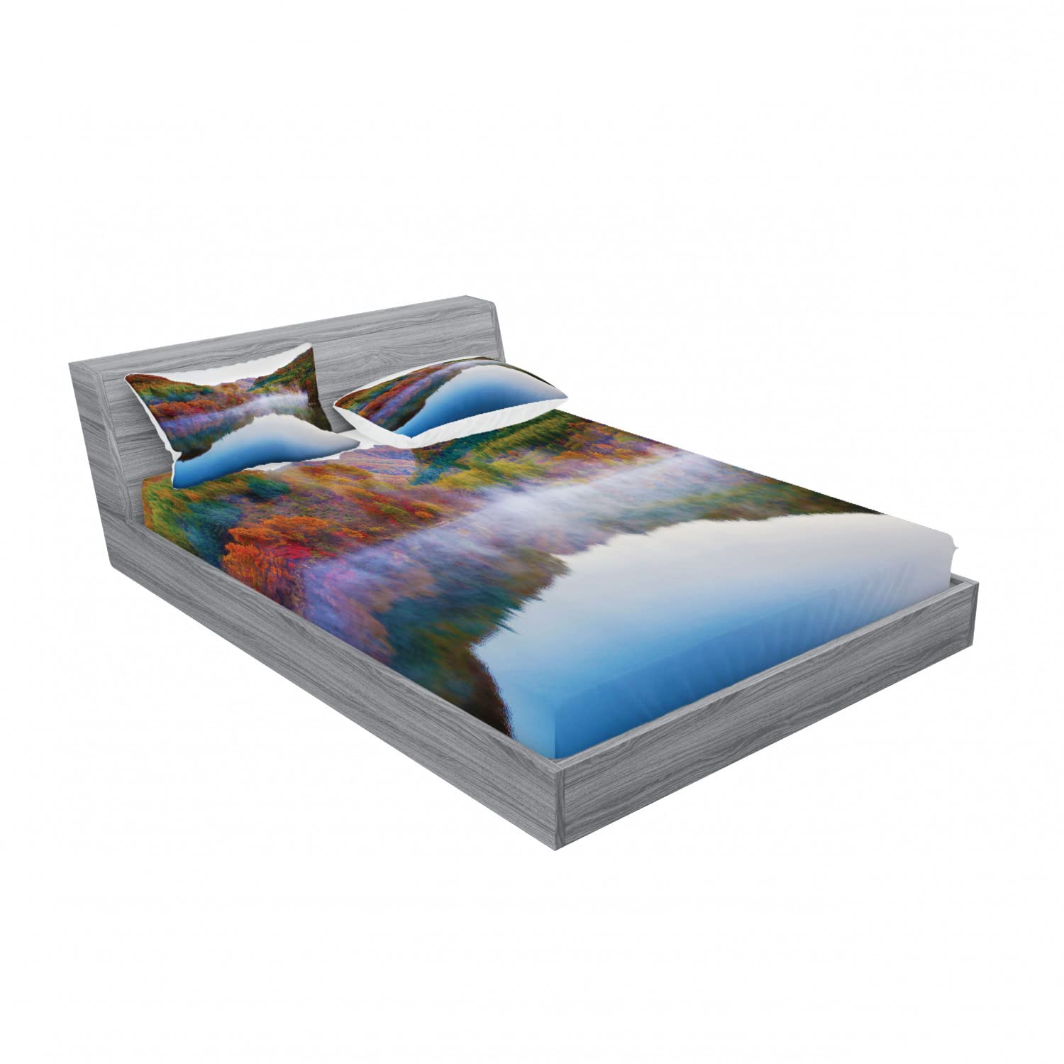 Ambesonne 2-Pack Queen Size Fitted Sheet Set with 4 Pillow Shams - Vibrant Lake Mountain Scenery Bedding Collection, Soft Wrinkle-Resistant Fabric for Cozy Bedroom Decor | Perfect for Guest Rooms, Vacation Homes & Dorm Essentials