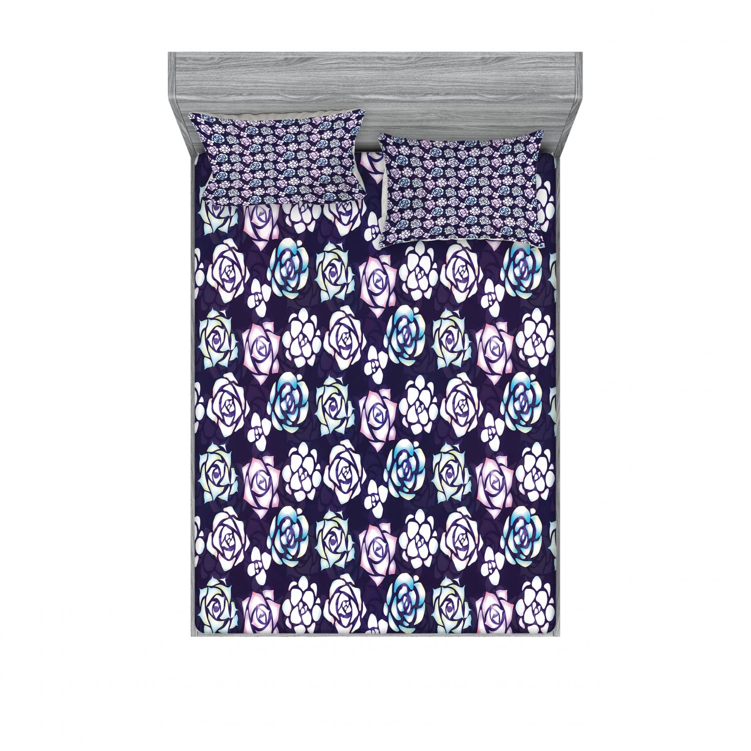 Ambesonne Floral King Size 2-Pack Fitted Sheet & Pillow Sham Set - Rose Flowers and Succulent Design, Dark Purple Multicolor 4-Piece Bedding Decor (2 Fitted Sheets + 4 Pillow Covers) for Master Bedroom, Guest Room or Vacation Home Decor