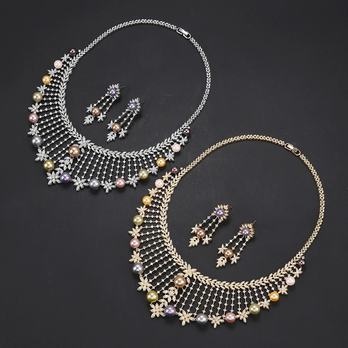 Luxury Cubic Zirconia Flower Pearl Necklace Set - Elegant Bridal Wedding Jewelry for Women | Perfect for Nigeria & Dubai Weddings, Parties & Special Occasions