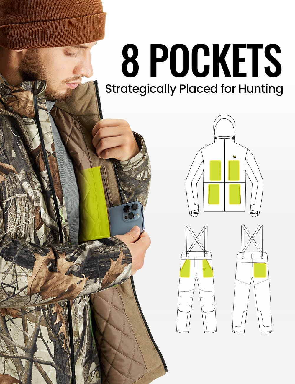 TIDEWE Men's Waterproof Hunting Jacket with Face Mask & Adjustable Bibs - Silent, Safety Strap Compatible for Deer, Duck & Turkey Hunting in All Weather Conditions