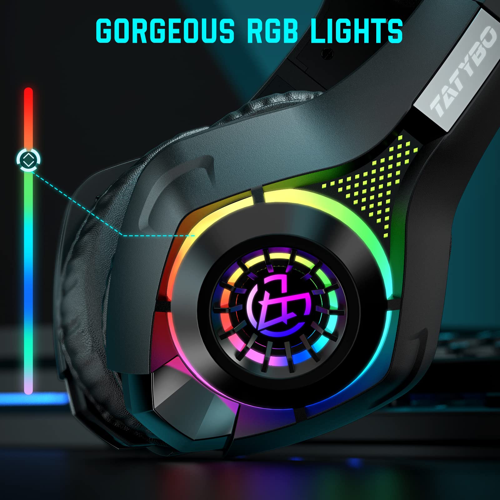 Tatybo Gaming Headset for PS4, PS5, PC, Xbox One & Mac - Stereo Bass Deep Headphones with Microphone, RGB Lights, Over-Ear Comfort - Perfect for Gaming, Streaming & Online Meetings (Black RGB)
