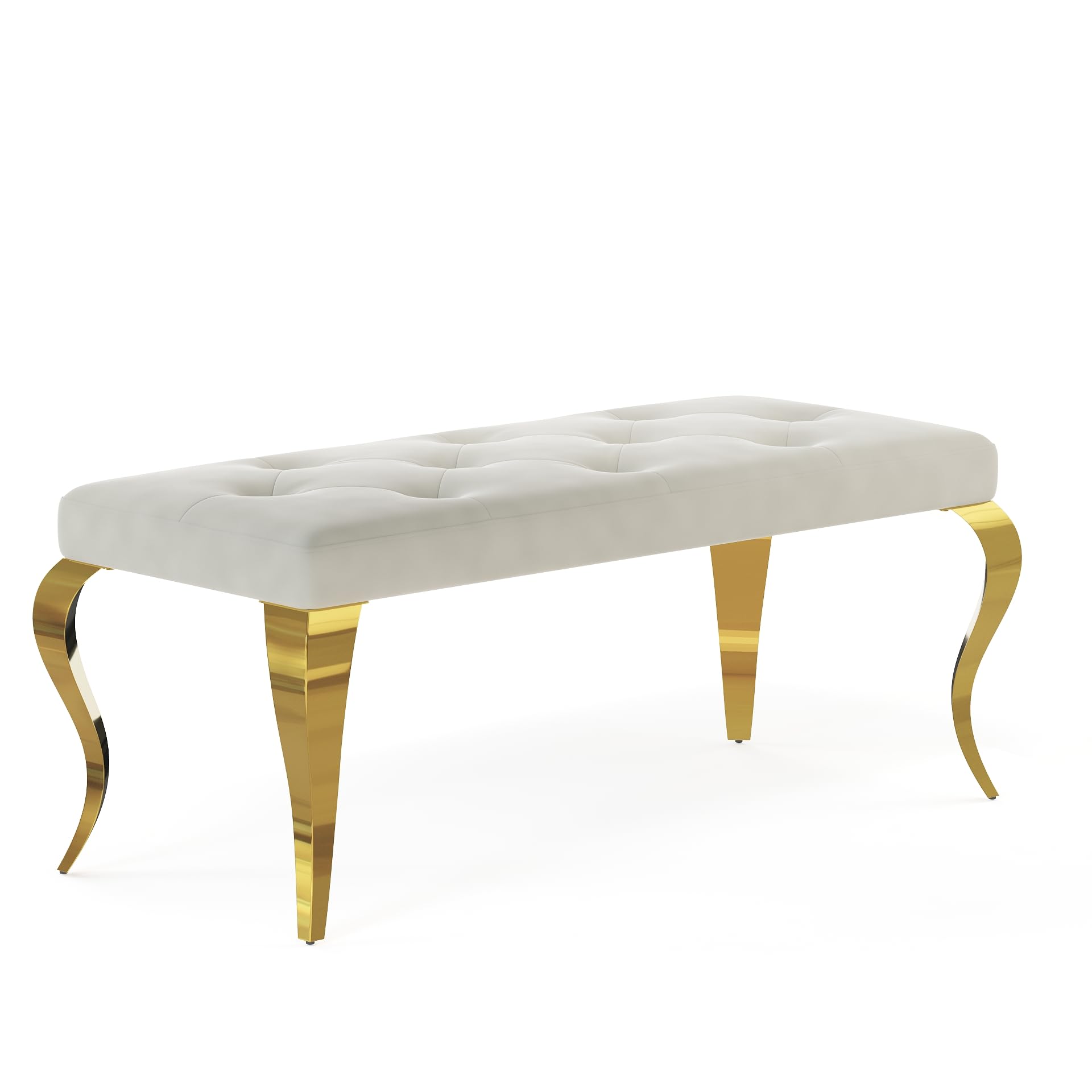 AUZ Beige Velvet Bench with Button Tufted Upholstery and Gold Cabriole Legs, White and Gold Upholstered Dining Table Bench for Kitchen, Bedroom, Entryway, and Living Room Decor