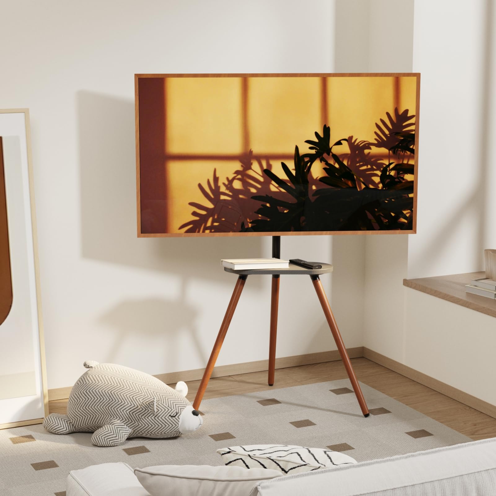 Adjustable Tripod TV Stand for 40-65 Inch LCD LED OLED Screens - Swivel & Height Adjustable Floor TV Mount with Wooden Tray - VESA 400x400mm - Minimalist Black Walnut Design - Perfect for Living Rooms, Bedrooms & Home Theaters
