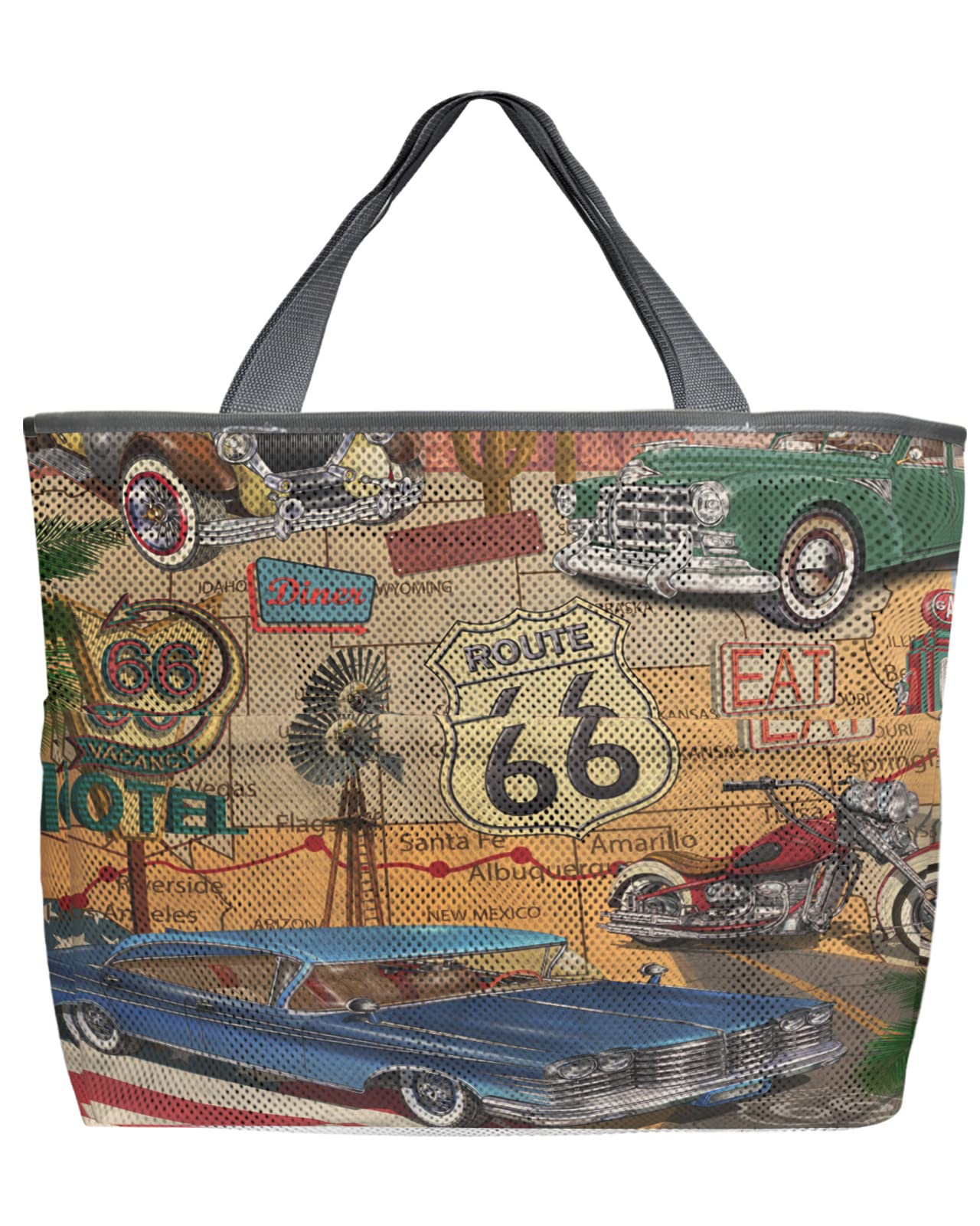 **Vintage Route 66 Extra Large Waterproof Beach Bag - Sandproof Mesh Tote with Zipper Pockets for Women, Men & Kids | Perfect for Travel, Pool, Gym, Grocery & Outdoor Adventures**