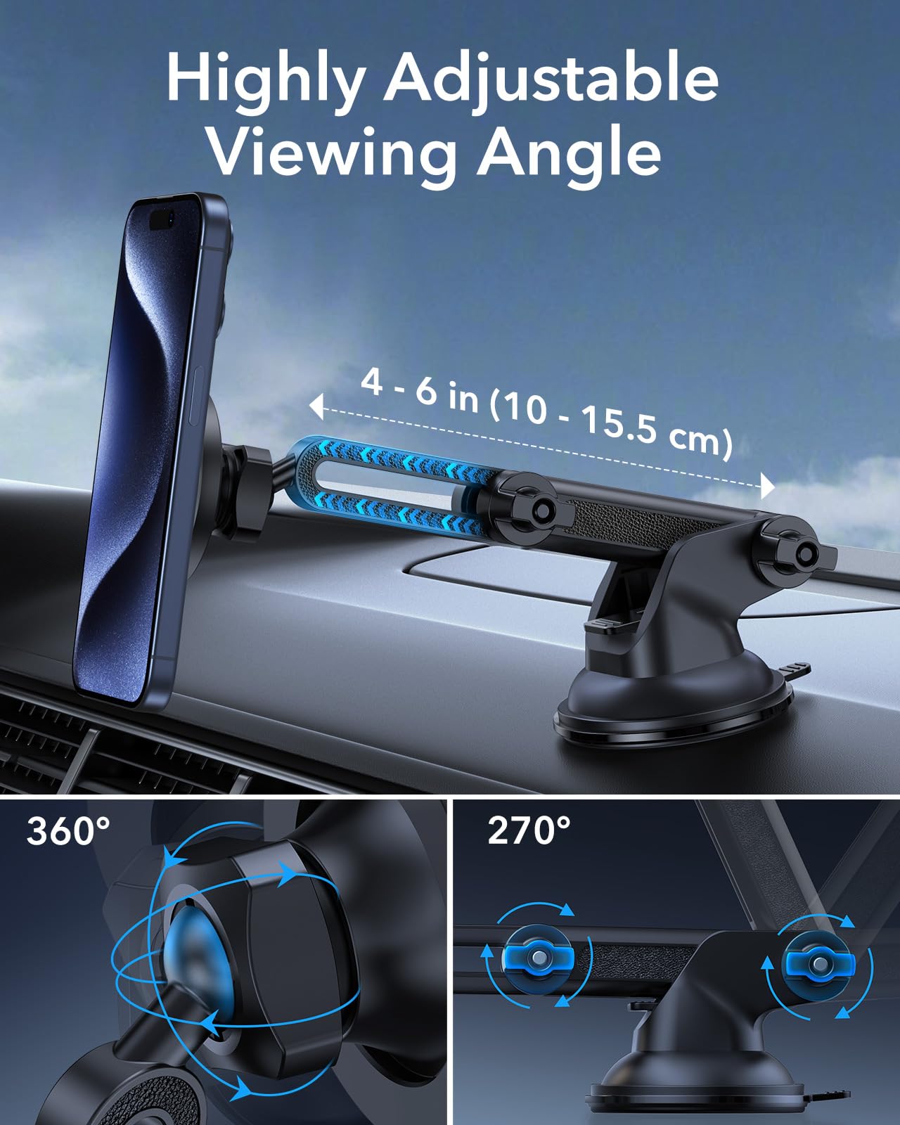 ESR Magnetic Car Phone Holder for iPhone & Samsung - Dashboard & Windshield Mount with 2 Metal Rings - Perfect for Safe Driving