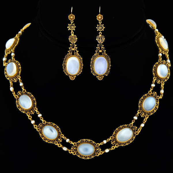 Victorian Style 14K Gold Moonstone and Pearl Filigree Jewelry Set - Elegant Earrings & Necklace for Weddings, Parties & Special Occasions
