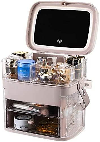 ZMY Large Capacity Cosmetic Jewelry Organizer Box with LED Mirror - Dustproof Vanity Storage Case for Makeup, Skincare & Jewelry | Perfect for Bathroom, Dresser & Bedroom (Pink)