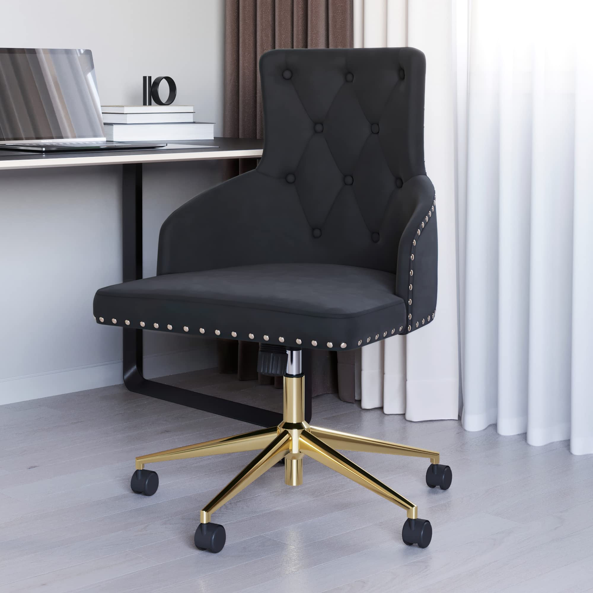 BELLEZE Modern Velvet Desk Chair - Adjustable Height Swivel Office Chair with Tufted Upholstered Seat & Slim Arms - Rolling Wheels for Home Office, Bedroom Vanity or Study Room - Belden (Black) - Perfect for Remote Work, Gaming & Makeup Station