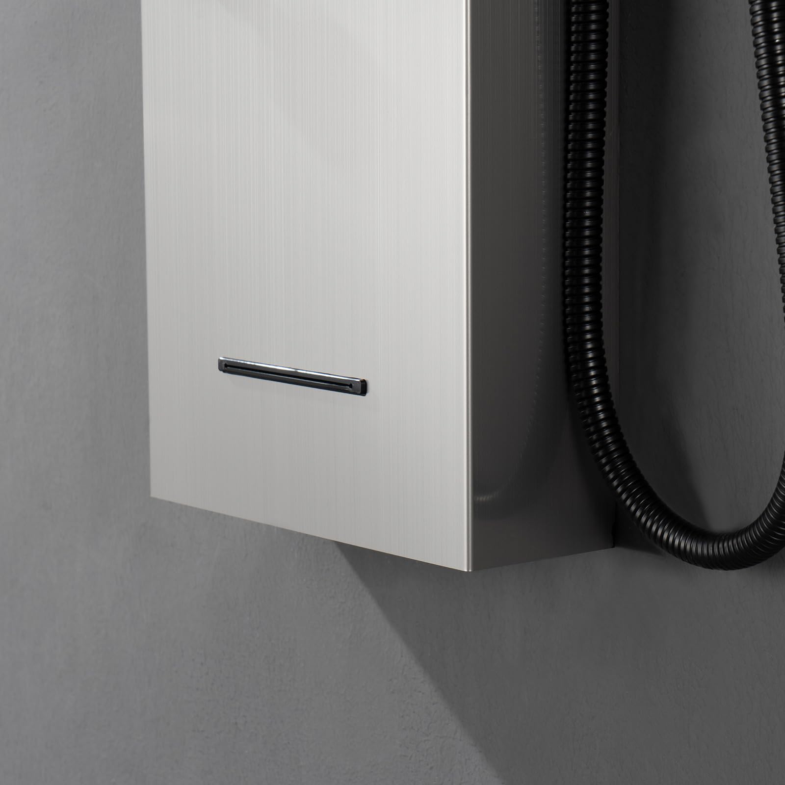 BWE 5-in-1 Shower Panel System with Rainfall Shower Head, Waterfall & Body Jets - Brushed Nickel & Black Tower for Luxurious Spa Experience - Perfect for Master Bathroom Renovation & Modern Home Upgrade