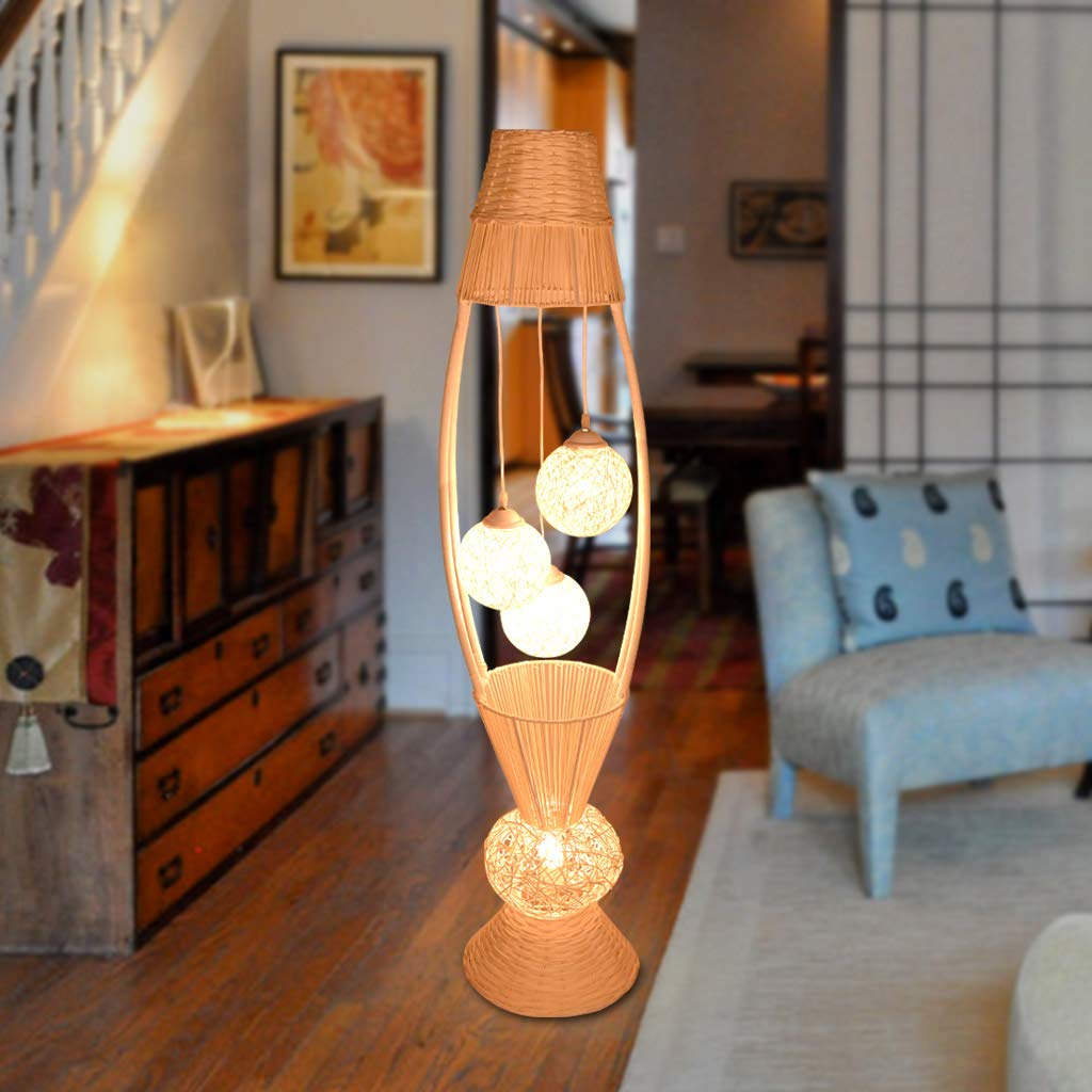 Bamboo Rattan Fish Floor Lamp - 4 Bulb Wooden Standing Light with Dangling Ball Shade, Asian Style Decorative Lighting for Living Room, Bedroom, Hotel & Restaurant | Perfect for Ambient Lighting, Home Decor & Zen Atmosphere