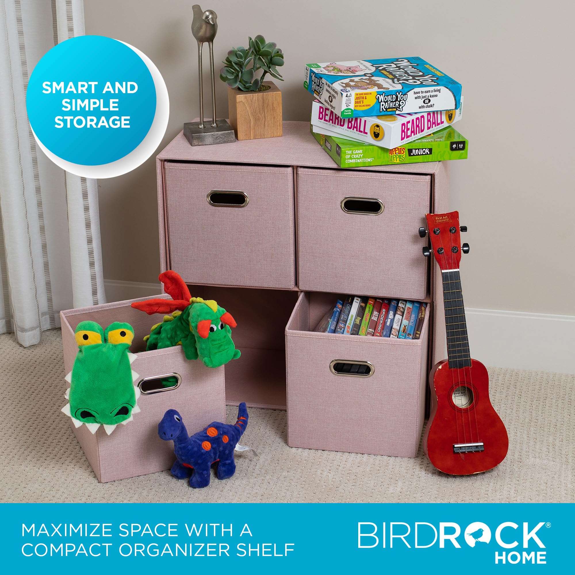 BIRDROCK HOME 4-Bin Linen Cube Organizer Shelf - Collapsible Storage Unit for Bedroom, Closet, Dorm | Space-Saving Shelving for Toys, Clothes, Towels | Durable Multi-Purpose Organizer (Blush) - Perfect for Small Spaces, Kids' Rooms & Home Organization