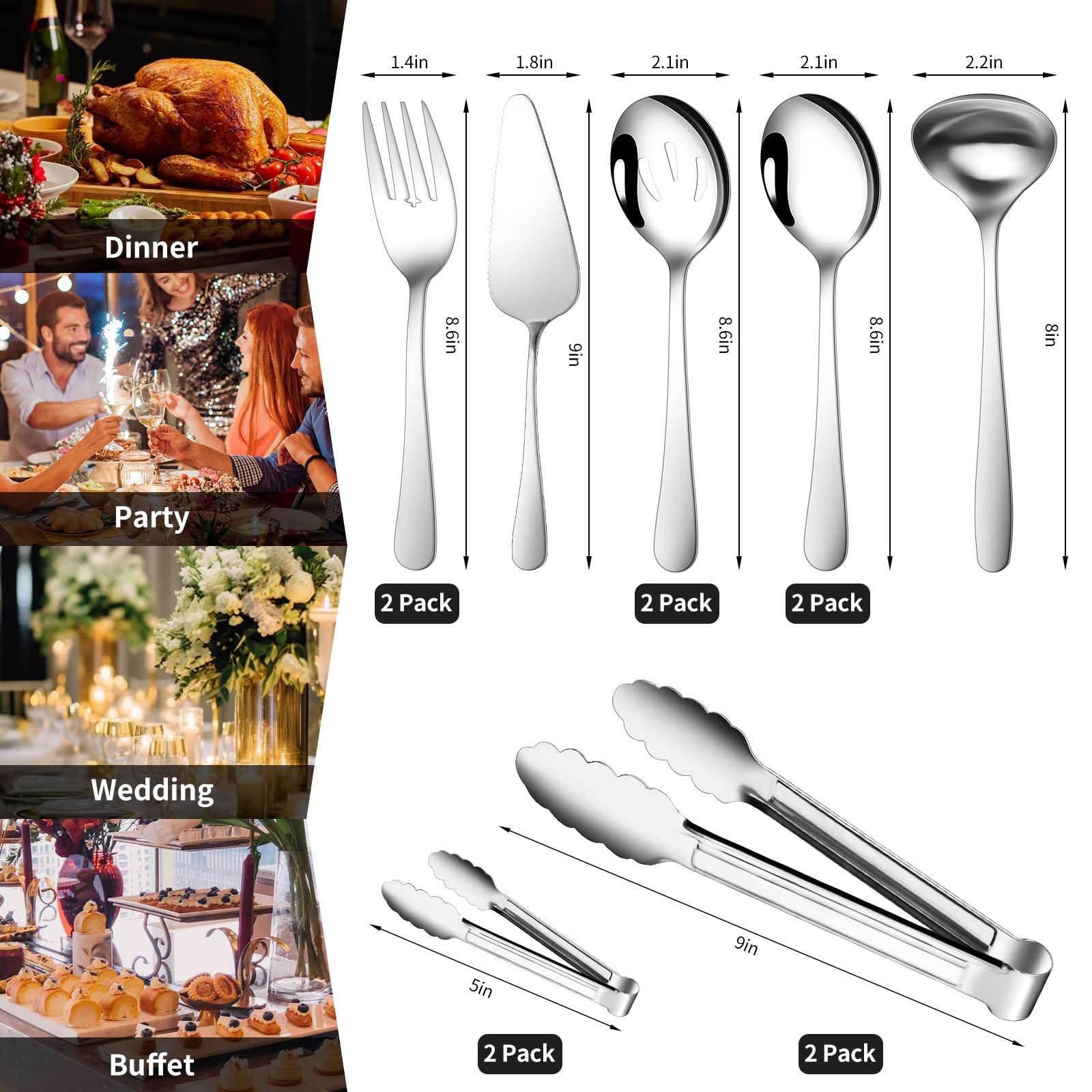 12-Piece Stainless Steel Serving Set - Large Spoons, Forks, Tongs, Ladle, Cake Server & Appetizer Tongs for Buffet Catering & Party Serving | Dishwasher Safe & Rustproof | Perfect for Weddings, BBQs, and Holiday Gatherings