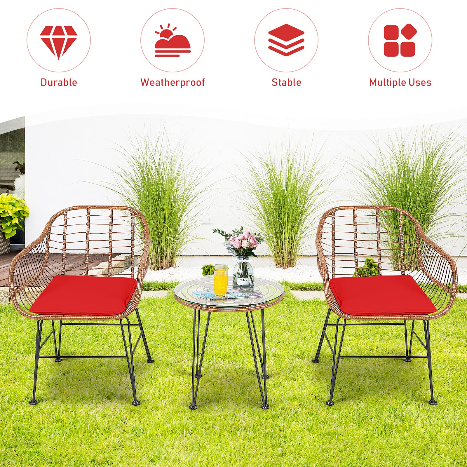 RELAX4LIFE 3-Piece Outdoor Patio Furniture Set - Rattan Bistro Table with Tempered Glass Top & 2 Wicker Armchairs - Perfect for Garden, Backyard, Porch, Balcony - Red Wicker Conversation Set for Relaxing & Entertaining Guests