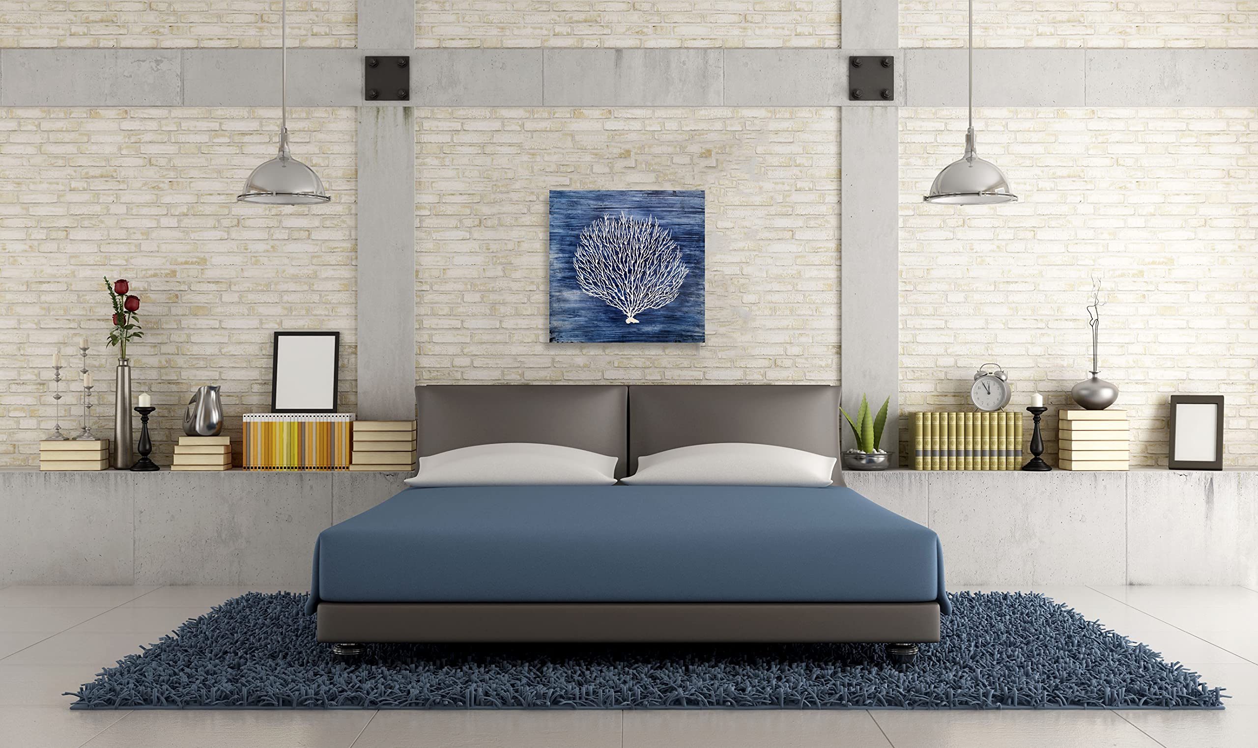 Hand Painted Navy Blue Canvas Wall Art - White Coral Abstract Tree Painting | Coastal Modern Artwork for Bedroom, Living Room & Bathroom Decor | Perfect for Beach House, Office & Spa Interior Design