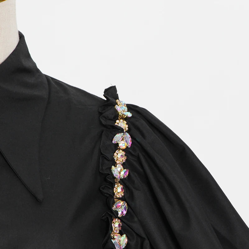 Stylish Black Casual Shirt for Women - Lapel Lantern Sleeve Patchwork Diamond Design Blouse | Perfect for Office, Dating & Everyday Wear