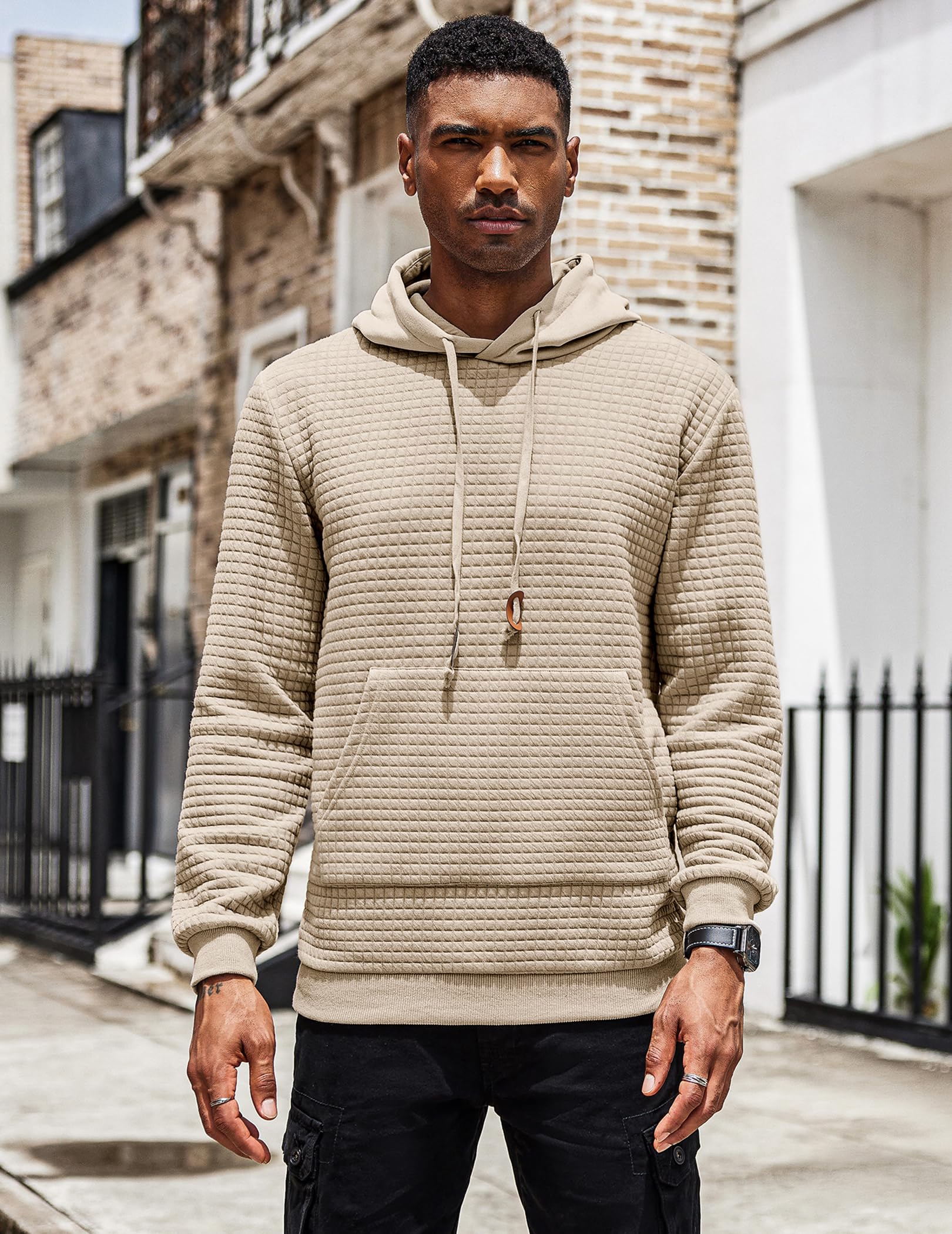COOFANDY Men's Long Sleeve Waffle Knit Pullover Hoodie with Pocket - Casual Fashion Sweatshirt for Fall & Winter | Perfect for Outdoor Activities, Streetwear and Lounge Wear