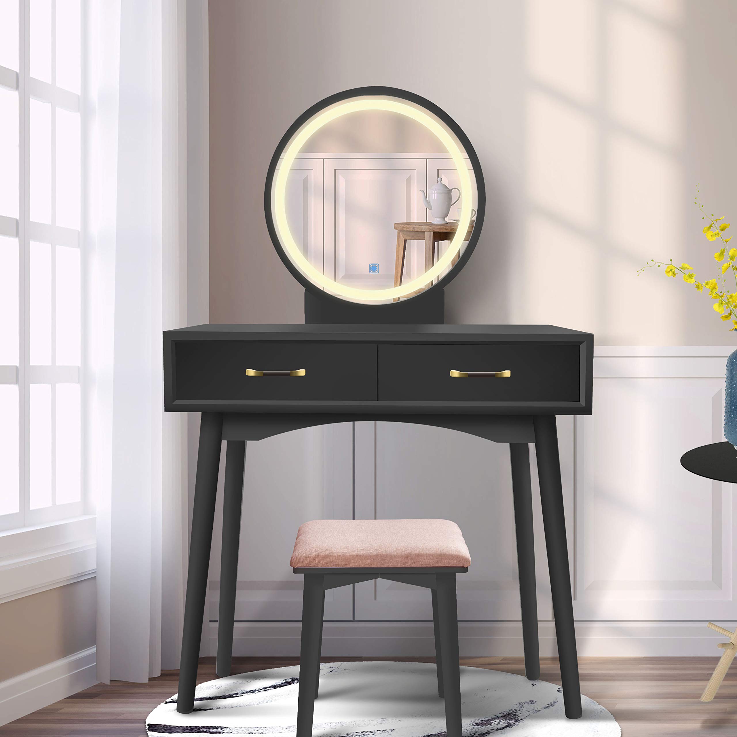 FUNKOCO Vanity Table Set with LED Touch Screen Dimming Round Mirror, Makeup Dressing Table with 2 Sliding Drawers & Cushioned Stool - Perfect for Bedroom, Bathroom, Dorm Room (Black) | Modern Makeup Vanity with Adjustable Lighting for Beauty & Skincare Routine