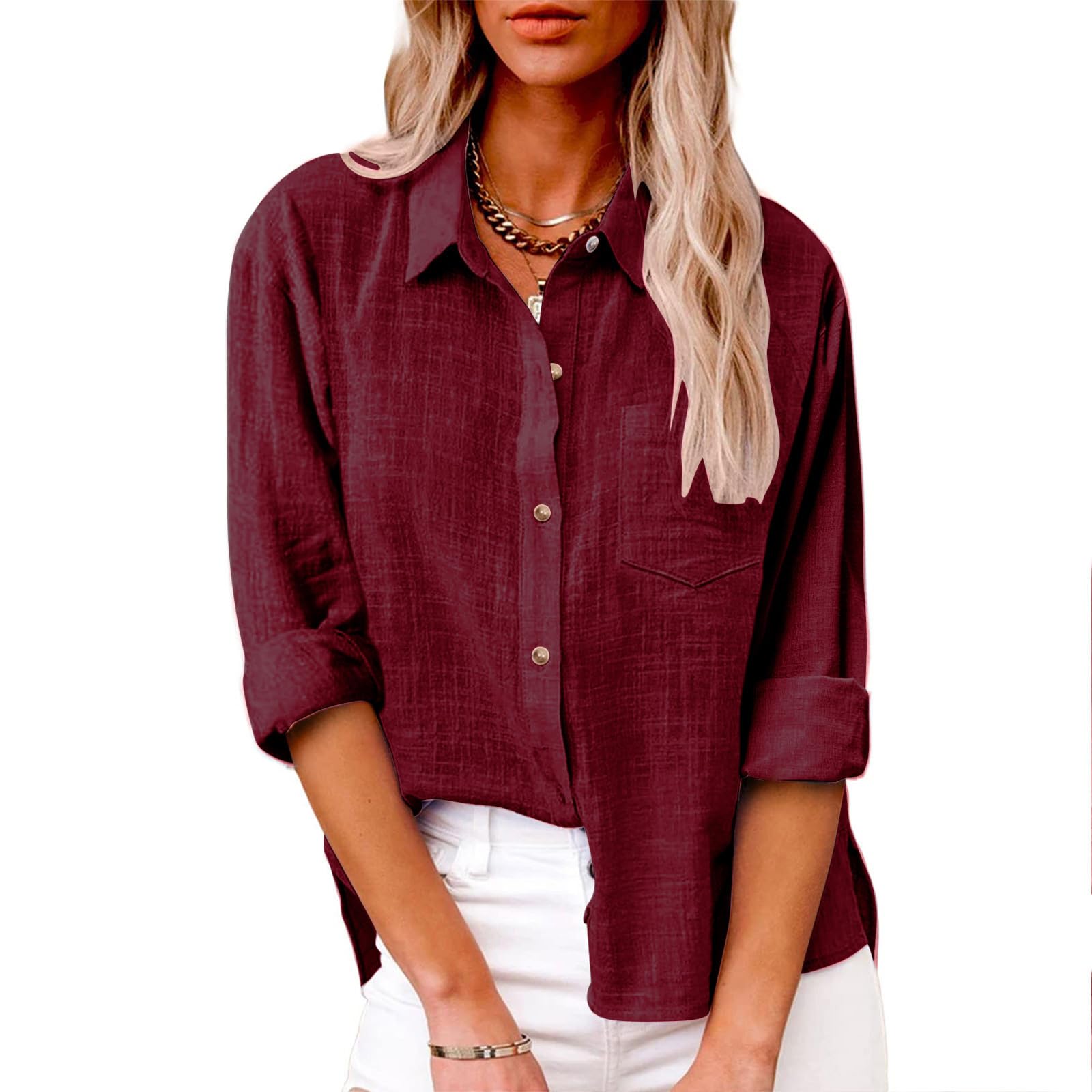 Women's Linen Long Sleeve Blouse - V Neck Button Down Shirt for Summer, Comfortable Business Casual Top | Perfect for Office Wear, Weekend Outings & Travel