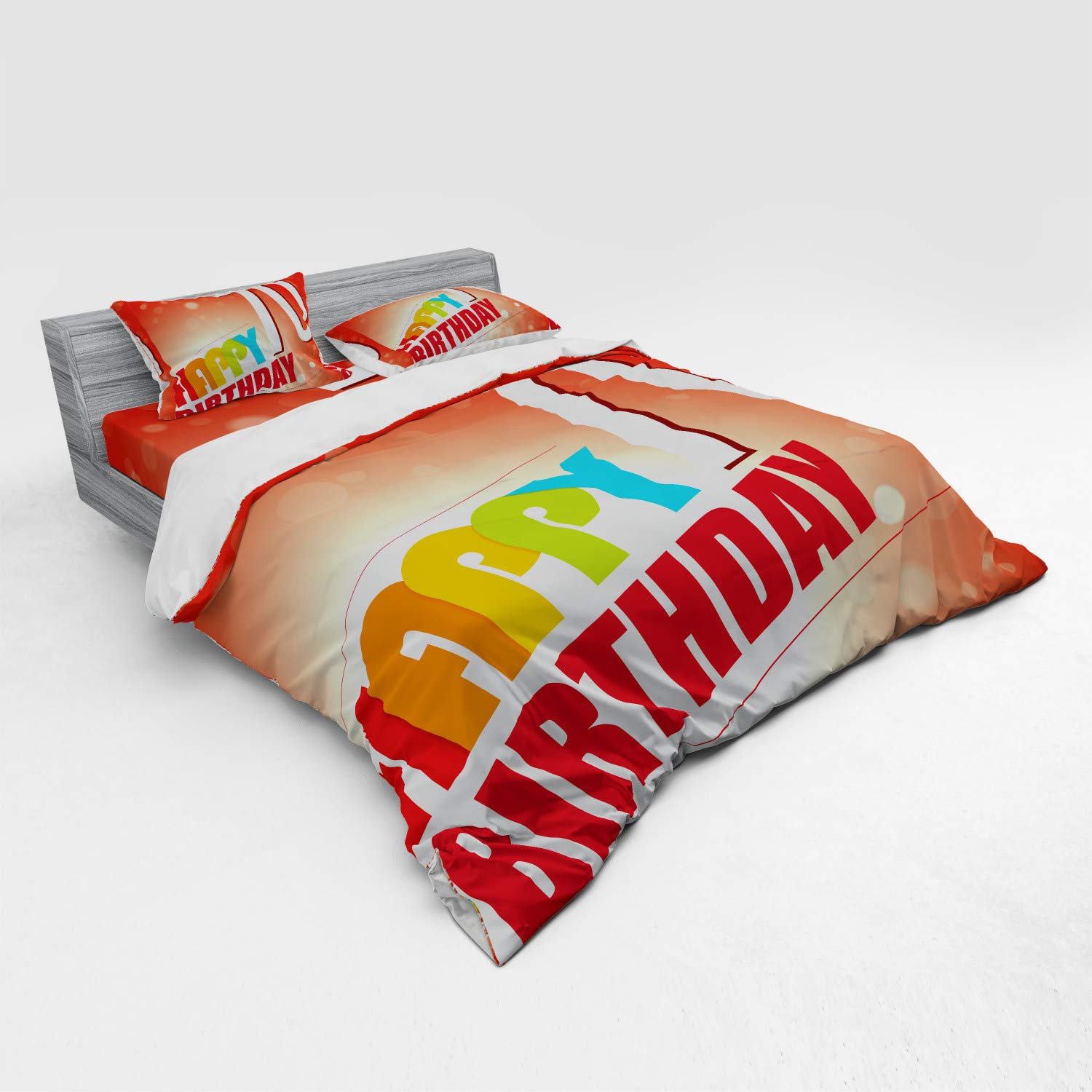 Ambesonne 70th Birthday Duvet Cover Set - Vibrant Abstract Party Design with Happy Birthday Print, 4-Piece King Size Bedding Set Includes Shams & Fitted Sheet in Red & Orange - Perfect for Birthday Celebrations & Guest Room Decor