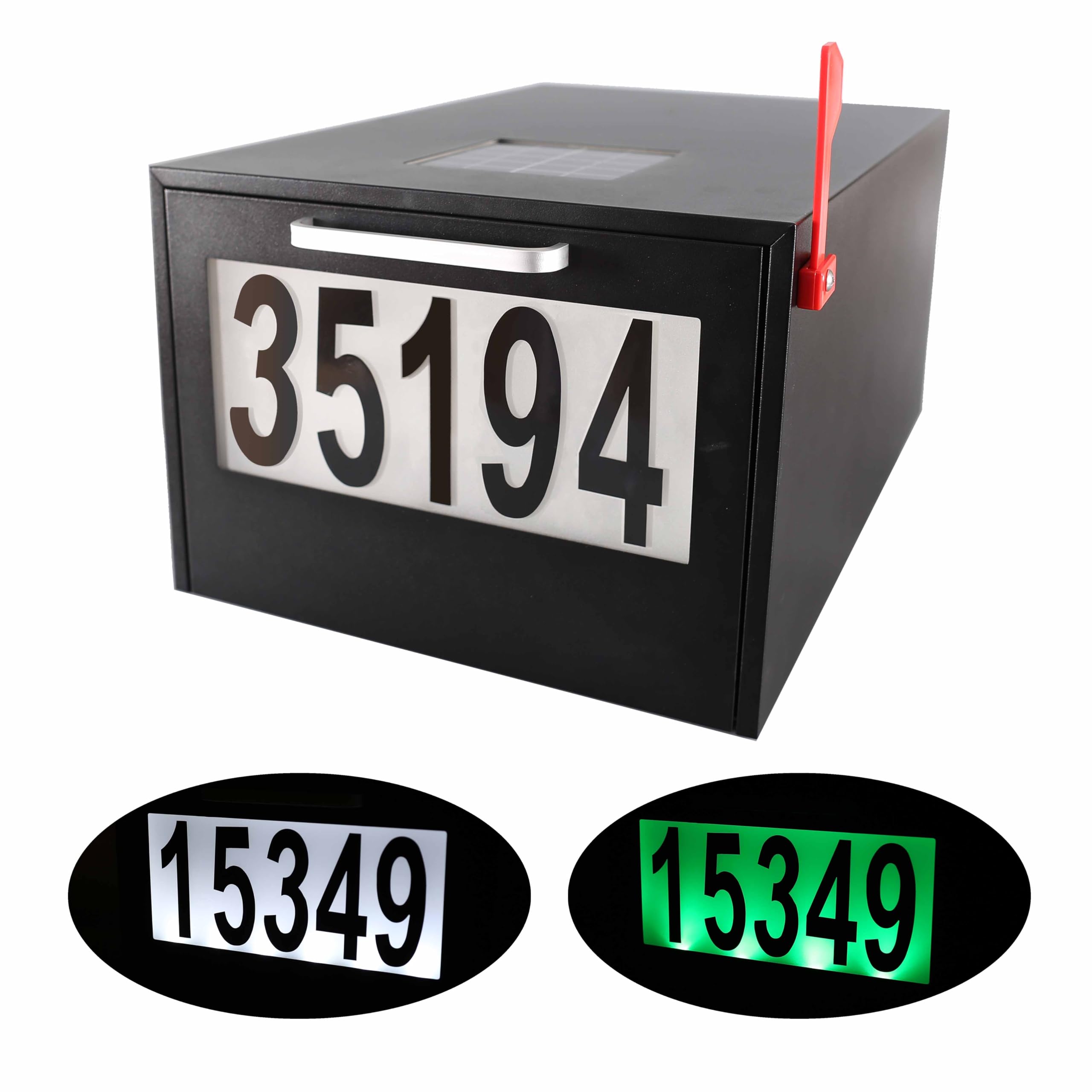 Black Post Mount Mailbox with Solar-Powered LED Numbers - 2 Lighting Modes, Large Capacity & Infrared Sensor for Night Illumination - Durable Iron Mailbox for Outdoor Use - Perfect for Driveway, Front Yard, and Rural Home Security