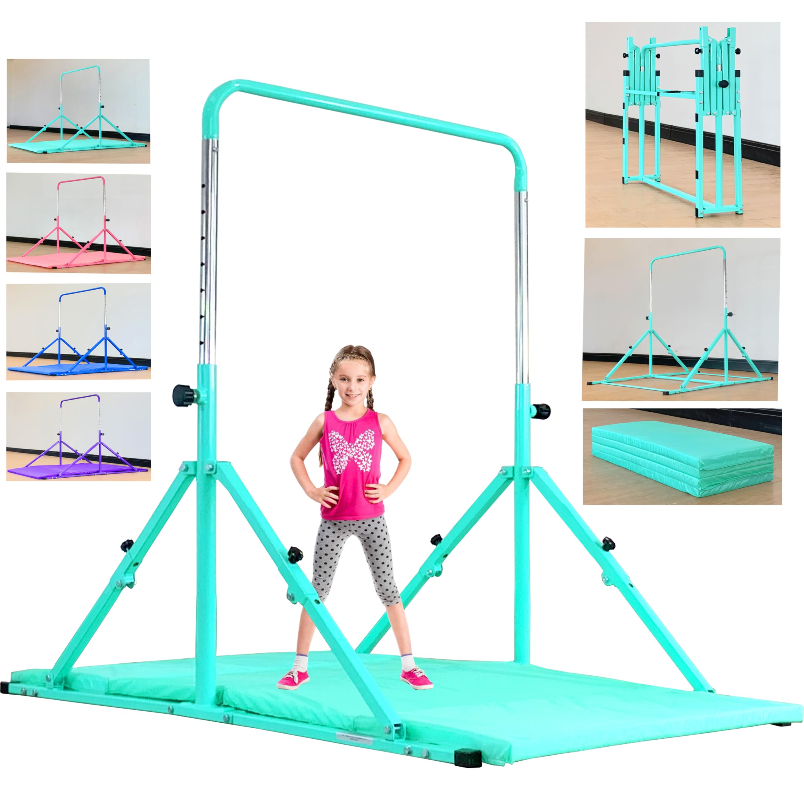 Upgrade Foldable Gymnastic Bar with Mat for Kids Ages 3-12 | 200 lbs Weight Capacity | Adjustable Height Kip Bar | Home & Gym Training Equipment | Perfect for Backyard Play, Indoor Gymnastics Practice & Kids Fitness Training