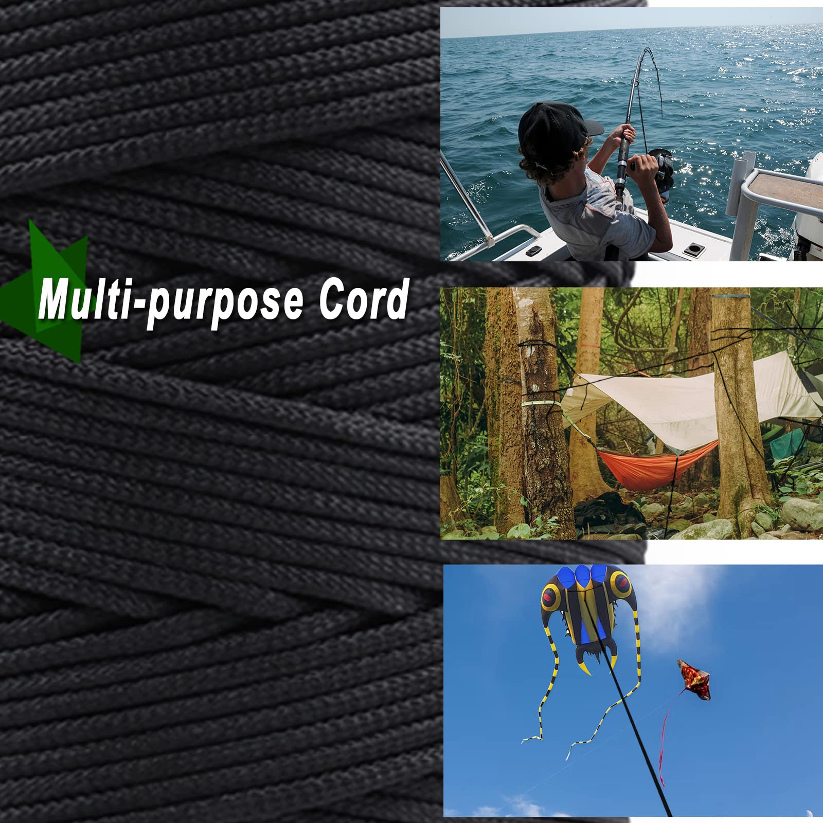 9KM DWLIFE Black Braided Kevlar Cord - 500-1500lb Heavy Duty Rope for Kites, Model Rockets, Fishing & Outdoor Survival | Camping, Hiking & Emergency Use