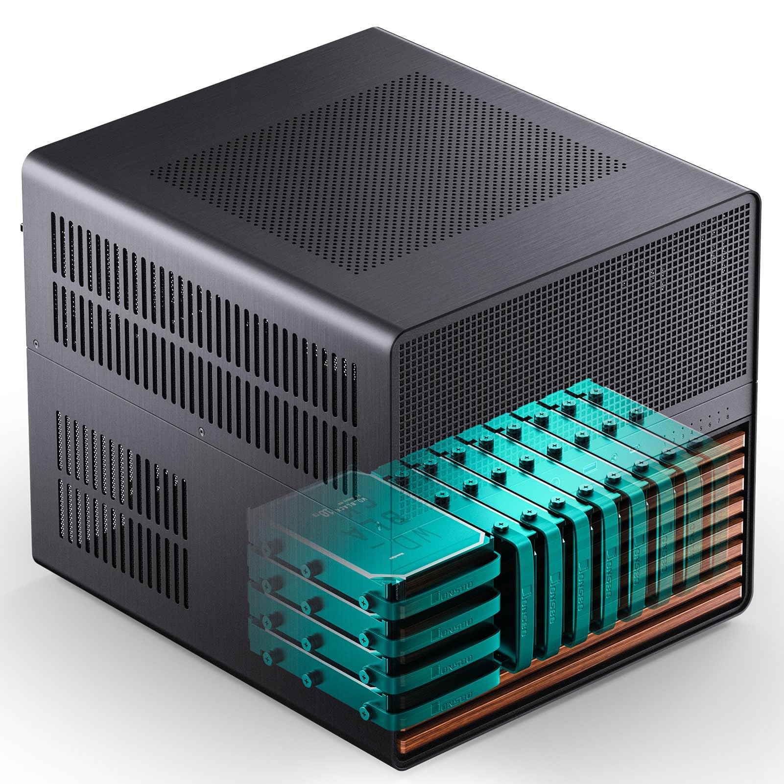 JONSBO N5 NAS PC Case - E-ATX Computer Chassis with 12HDD & 4SSD Bays, Supports 4 GPUs, 330mm E-ATX Motherboard, ATX PSU, 3 Built-in Fans, 8 PCI Slots & Solid Wood Veneer - Perfect for Home Servers, Gaming Rigs, and Workstation Builds