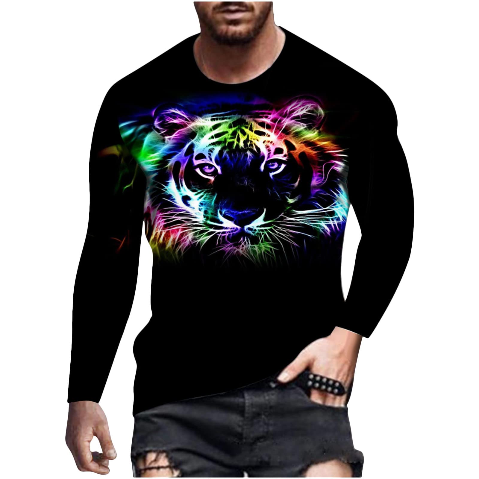 Men's Graphic Printed Long Sleeve T-Shirt - Animal Pattern Casual Round Neck Sweatshirt Tee for Streetwear, Daily Outfits & Weekend Comfort