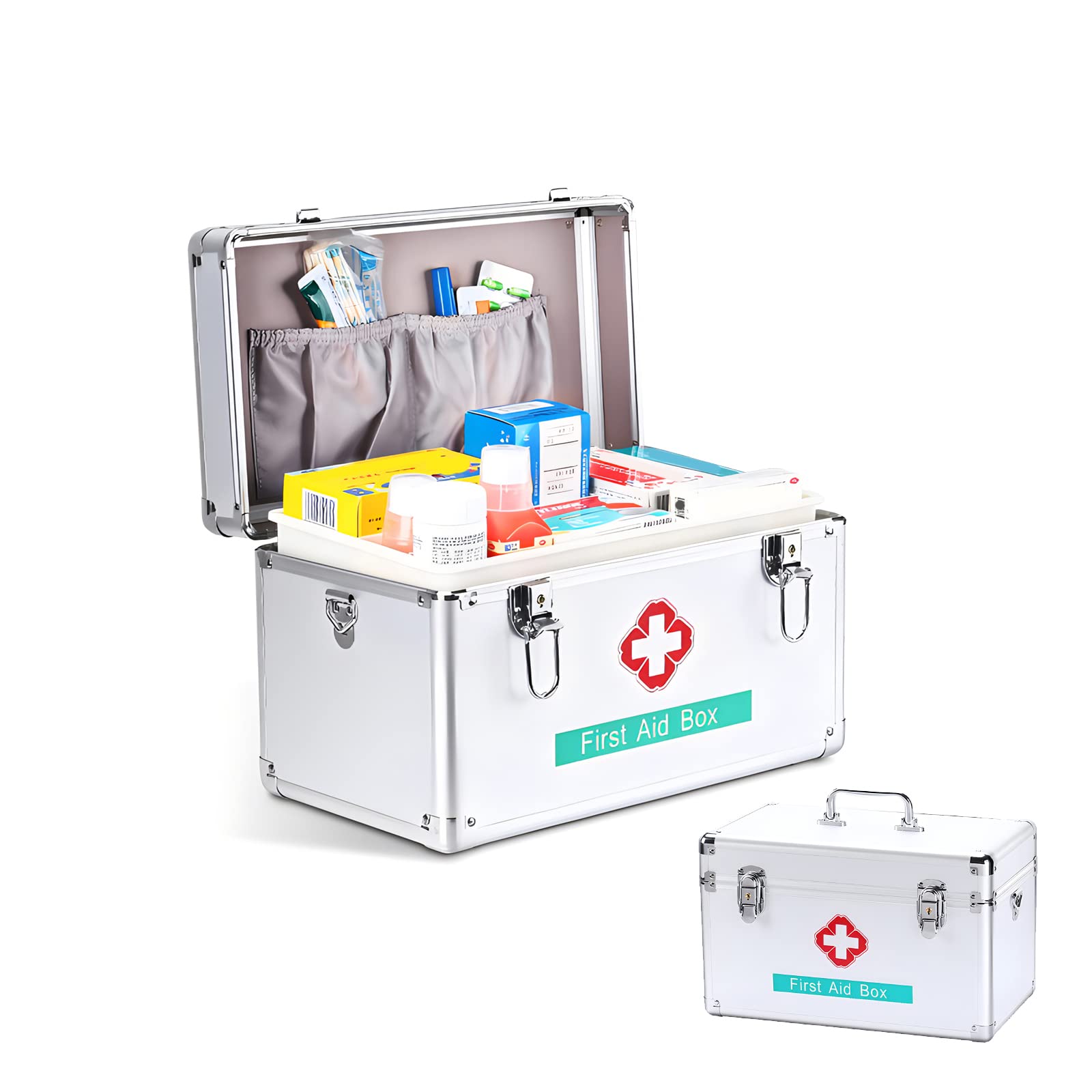 2 Layer Portable Aluminum Alloy Medicine Storage Box with Lock - Childproof First Aid Kit Organizer, Household Medication Case with Handle for Travel, Home & Emergency Use