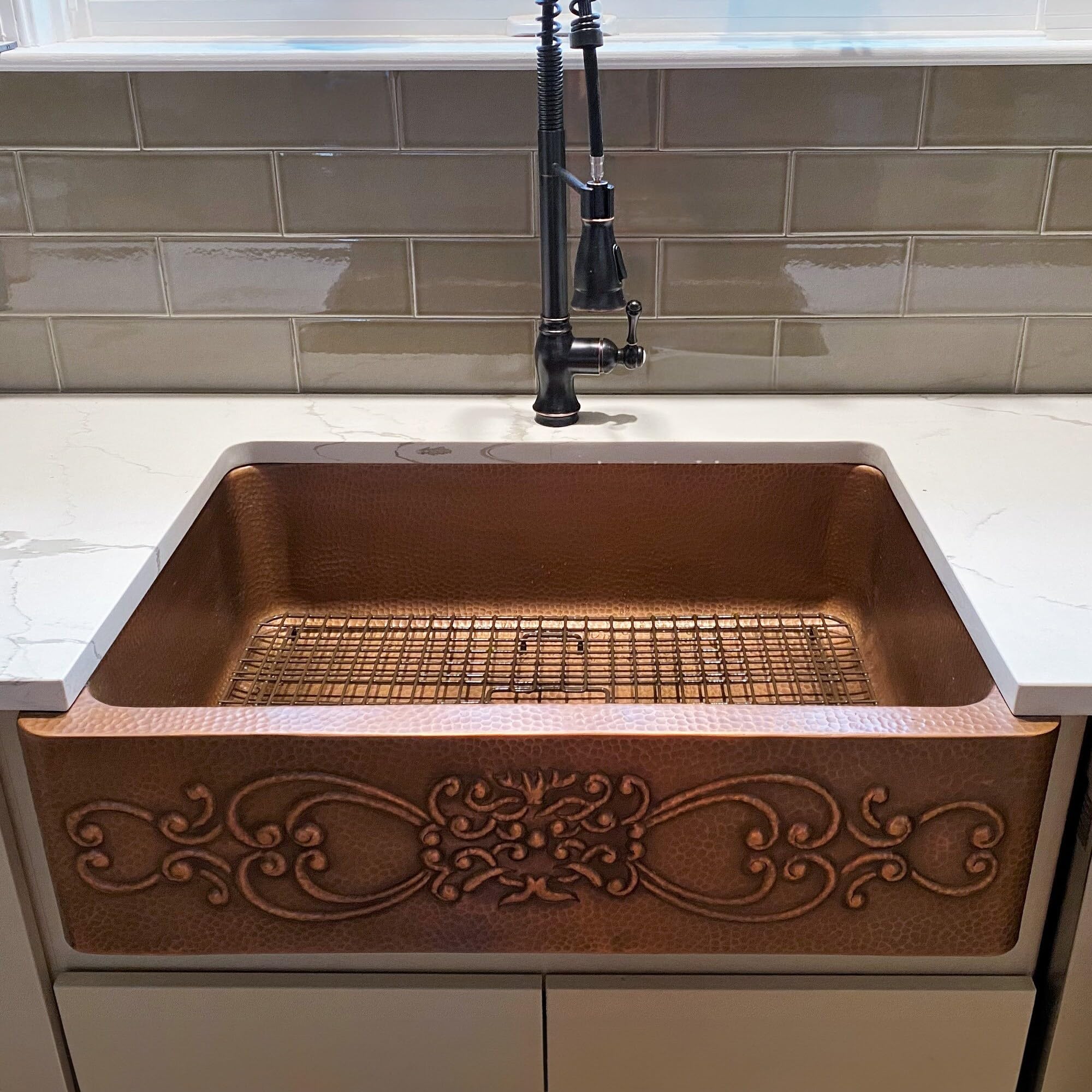 Sinkology SK303-33SC 33 Inch Farmhouse Copper Kitchen Sink - Single Bowl with Scroll Design for Rustic & Modern Kitchens | Perfect for Farmhouse, Cottage & Vintage Style Homes
