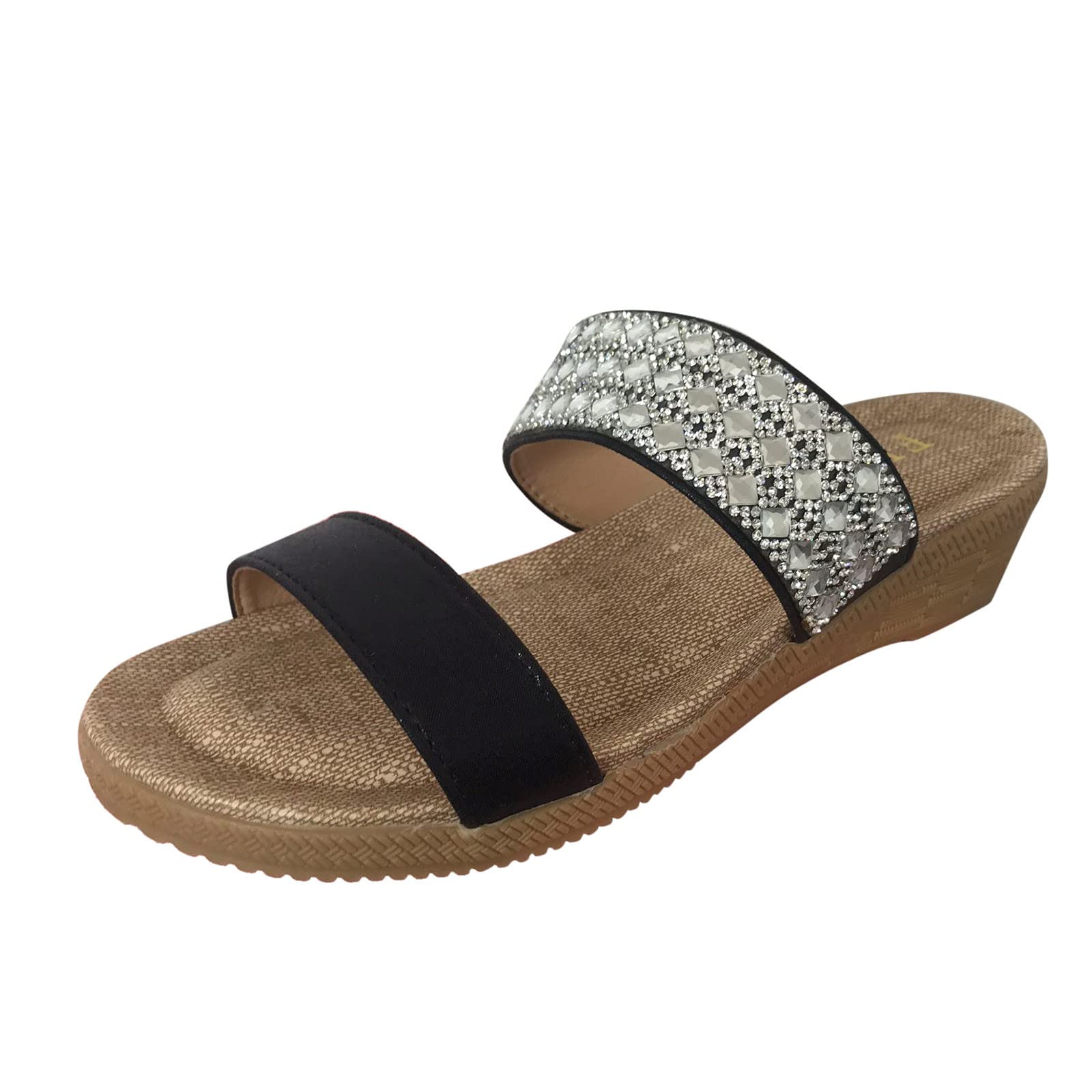Women's Vintage Boho Rhinestone Wedge Sandals - Dressy Summer Fish Mouth Slippers with Wedge Heel, Brown Slides for Ladies | Perfect for Beach, Pool, and Casual Summer Outings