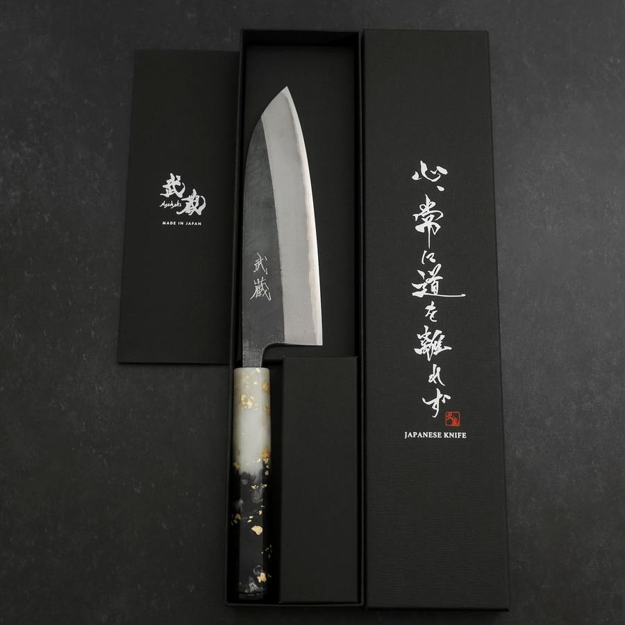 Premium Santoku Knife - Blue Steel #2 Kurouchi Finish with Ocean Black & White Gold Handle - 165mm Japanese Chef Knife for Slicing, Dicing, and Chopping Vegetables, Meat, and Fish - Perfect for Home Cooks and Professional Chefs