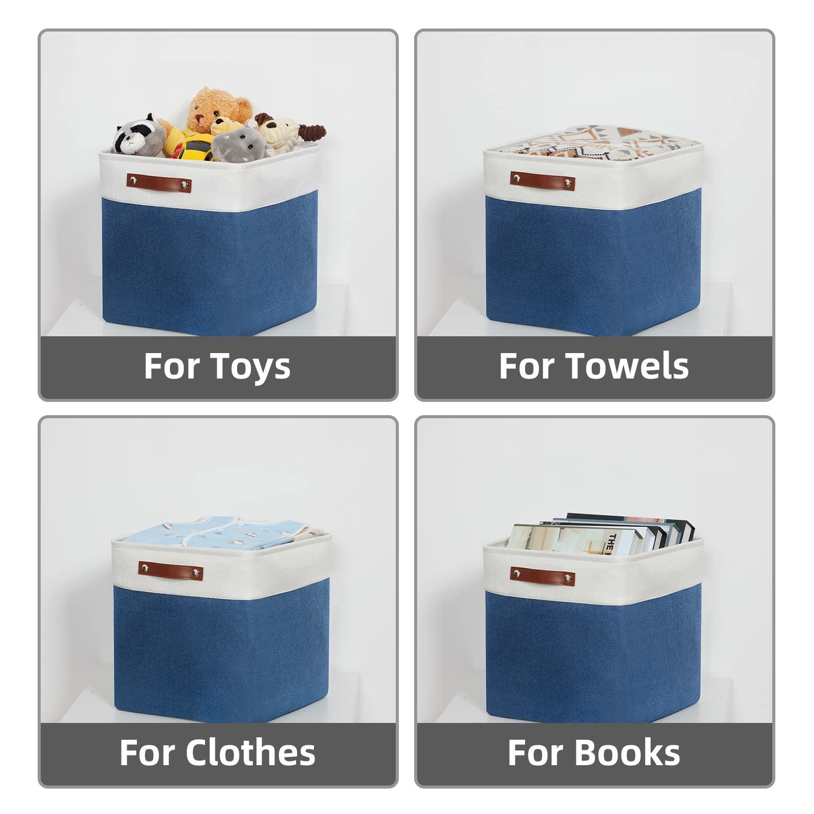 HNZIGE 13 Inch Fabric Cube Storage Baskets with Handles - Organizer Bins for Clothes, Toys, Closet & Nursery - Foldable Shelving Storage Solution for Home, Office & Kids Room (Blue & White)