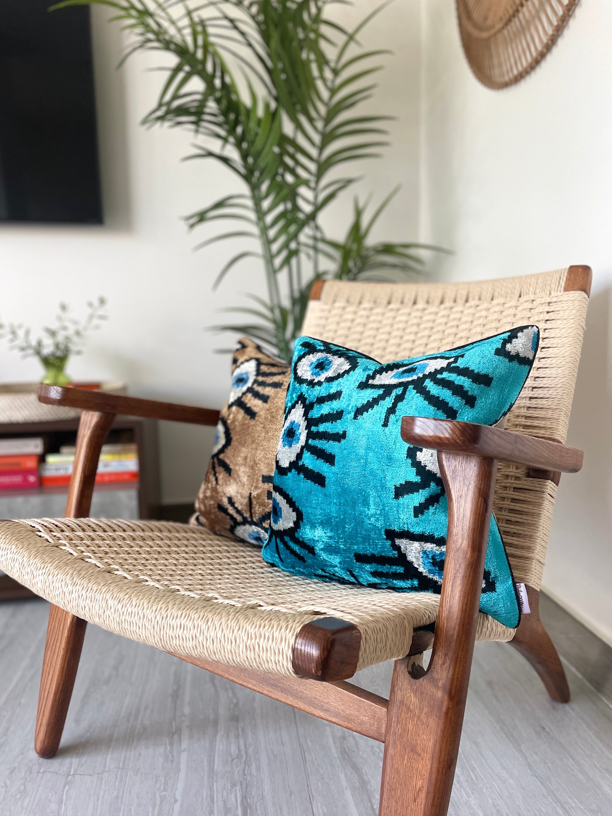 Turquoise Evil Eye Velvet Ikat Cushion Cover - Boho Home Decor Pillow for Living Room, Bedroom & Sofa | Handmade Decorative Throw Pillow for Bohemian Style Interior Design