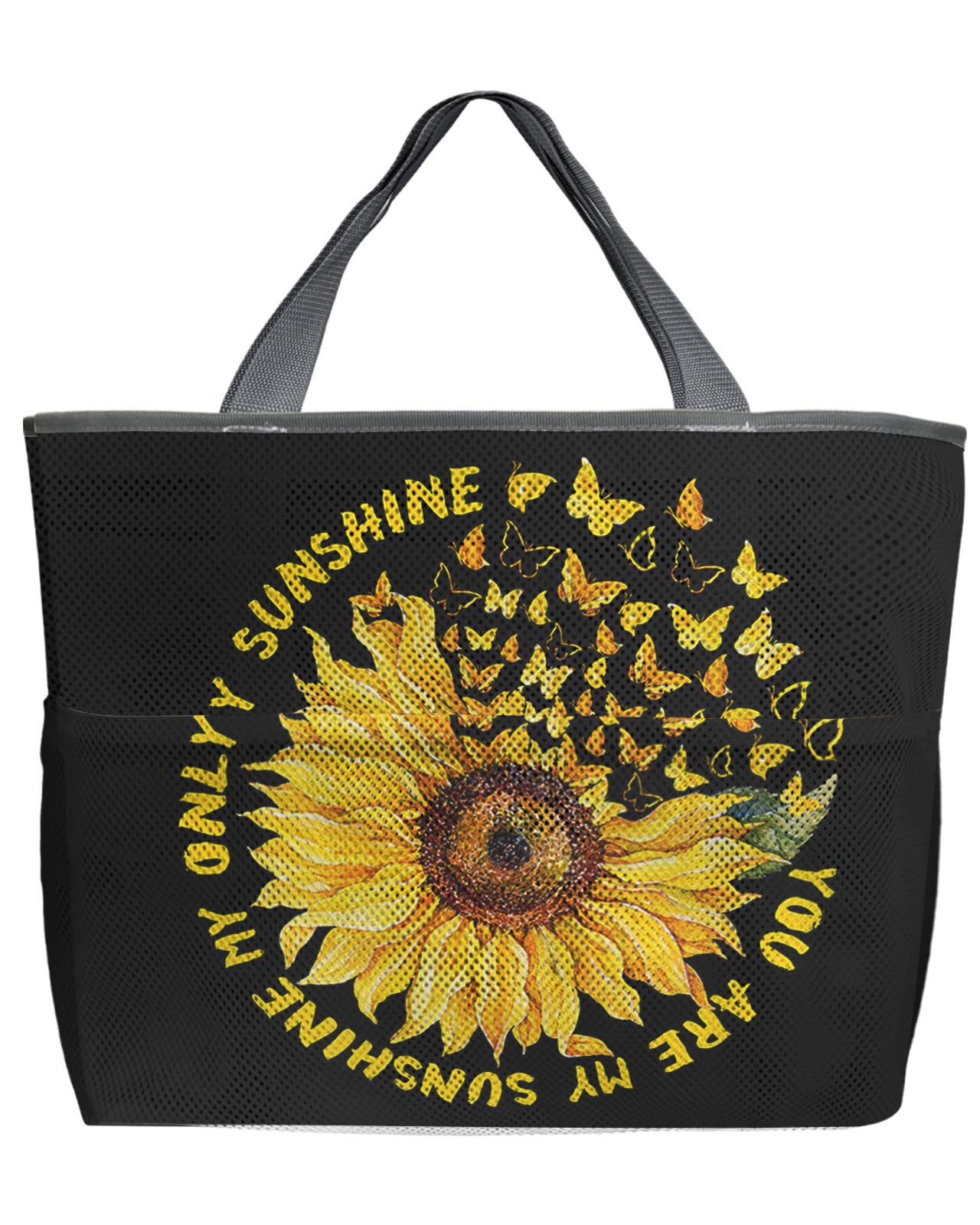 Sunflower Art Mesh Beach Tote Bag - 60L Oversized Quick-Dry Swim Bag with Pockets | Foldable Lightweight Butterfly Design for Beach, Pool & Grocery Storage | 24