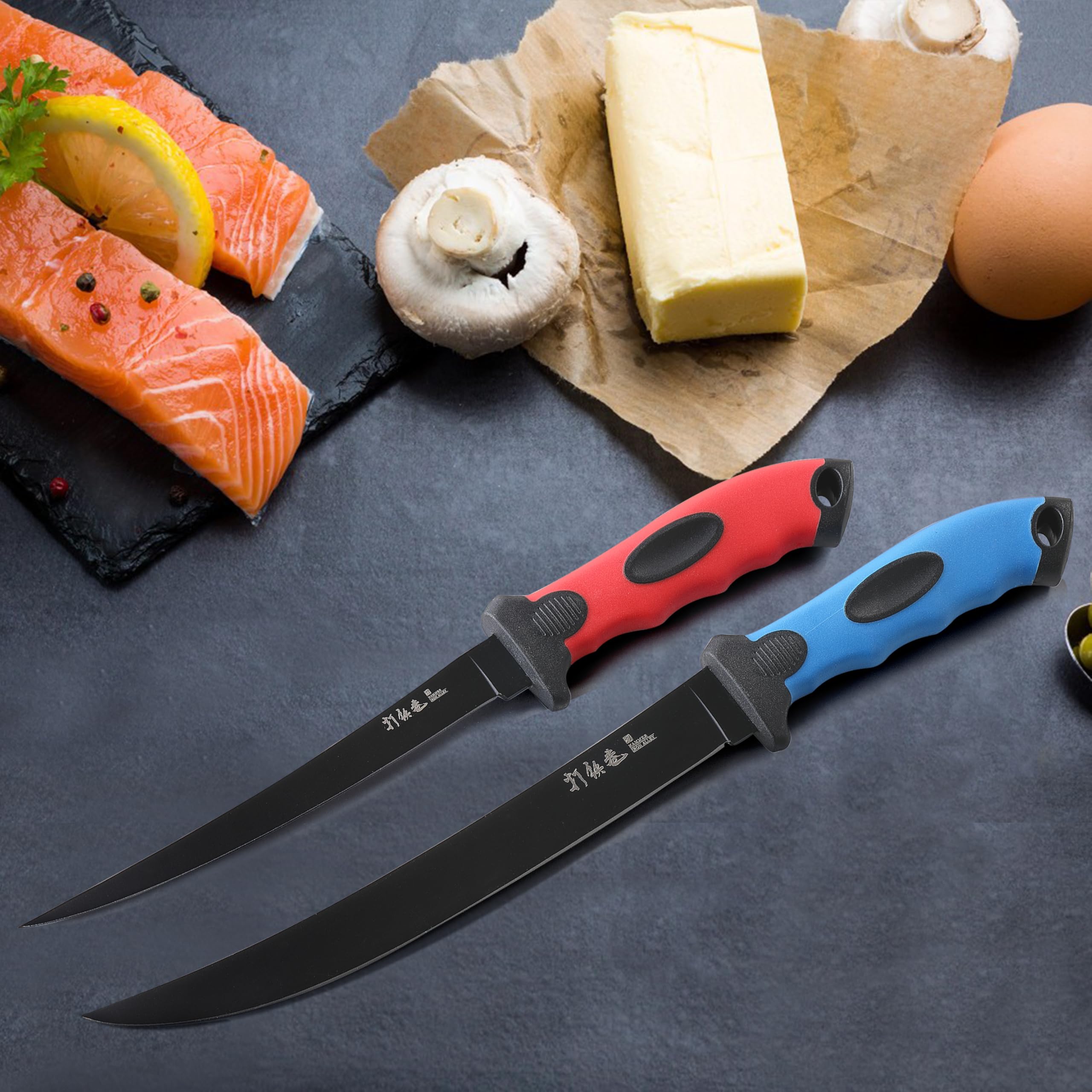 2PCS Professional Fillet Knife Set - 9 inch & 7 inch Stainless Steel Fish Fillet Knives for Meat Cutting, Trimming & Fishing | Sharp Boning Knives with Sheath Included | Perfect for Camping, Fishing Trips & Home Kitchen Use