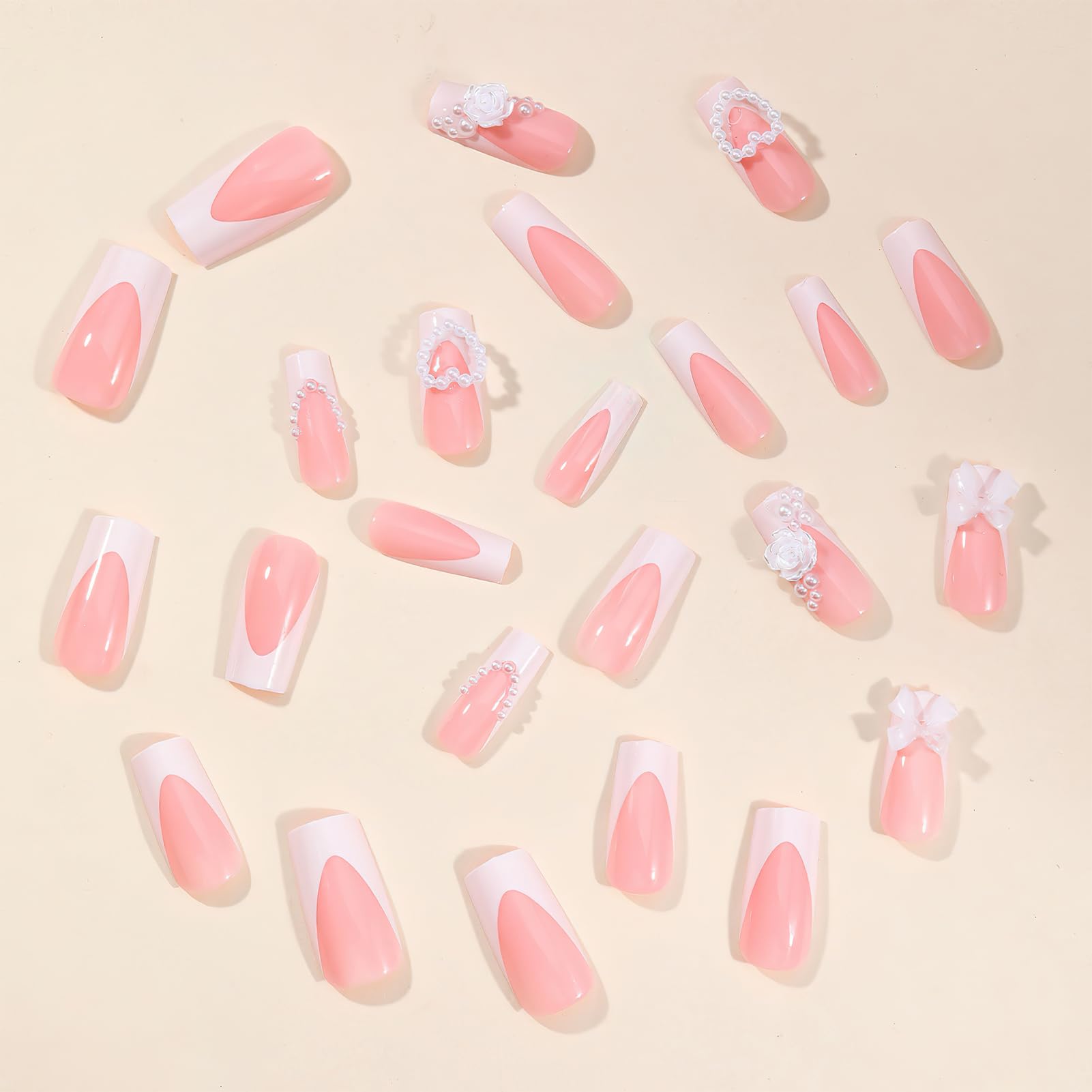 French Tip Press on Nails - Medium Square Fake Nails with 3D Bow Flower Design - Glossy White & Rose Pearl Acrylic Nails - Full Cover Coffin False Nails for Women & Girls - 24Pcs - Perfect for Parties, Weddings, and Special Occasions