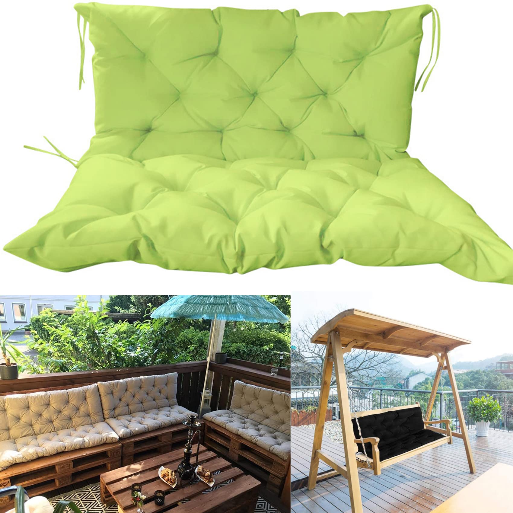 Outdoor Swing Cushion Set - 3 Seat Replacement Cushions with Backrest (59.06x39.37 inches) - Waterproof Garden Bench Cushions for Patio, Porch & Backyard - Grass Green Outdoor Furniture Cushions for Swing Chairs & Lounge Seating