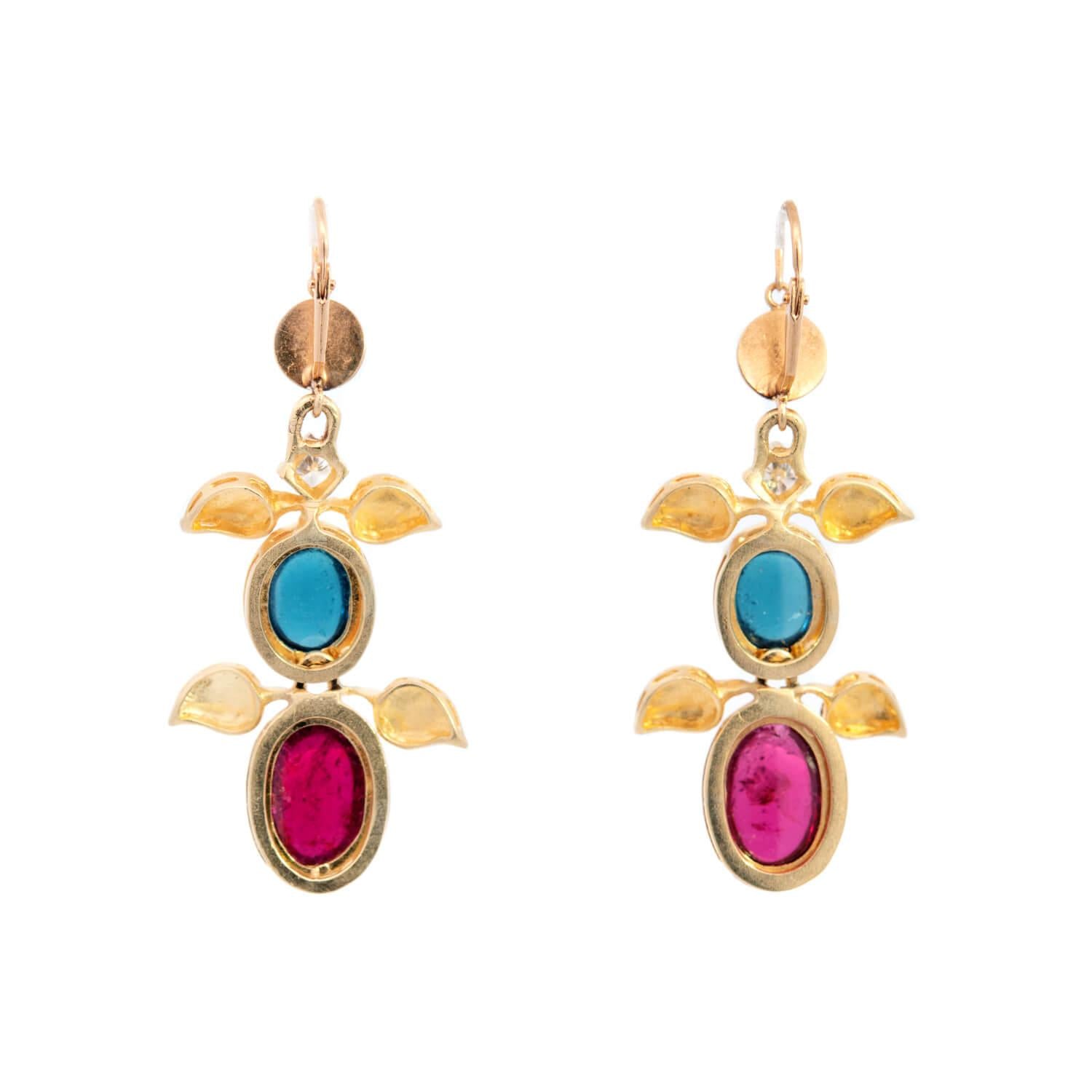 18K Gold Tourmaline Rubellite Diamond Foliage Drop Earrings for Women - Elegant Dangle Earrings for Wedding, Party & Special Occasions