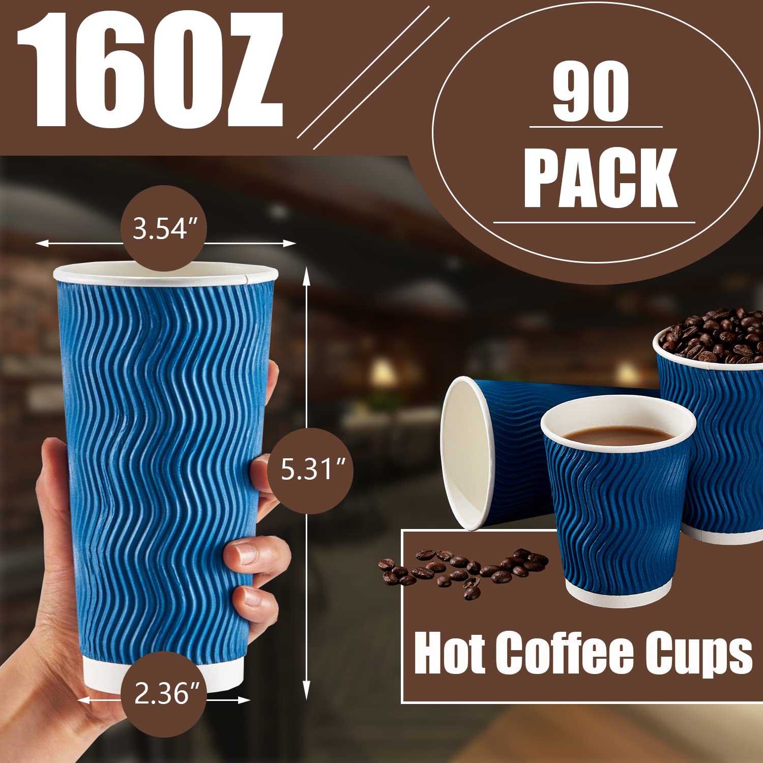 Lamosi 16 oz Disposable Coffee Cups - 90 Pack Insulated Corrugated Paper Cups for Hot & Cold Drinks, Kraft Ripple Wall Design (Navy) - Perfect for Coffee Shops, Offices, Parties and Events