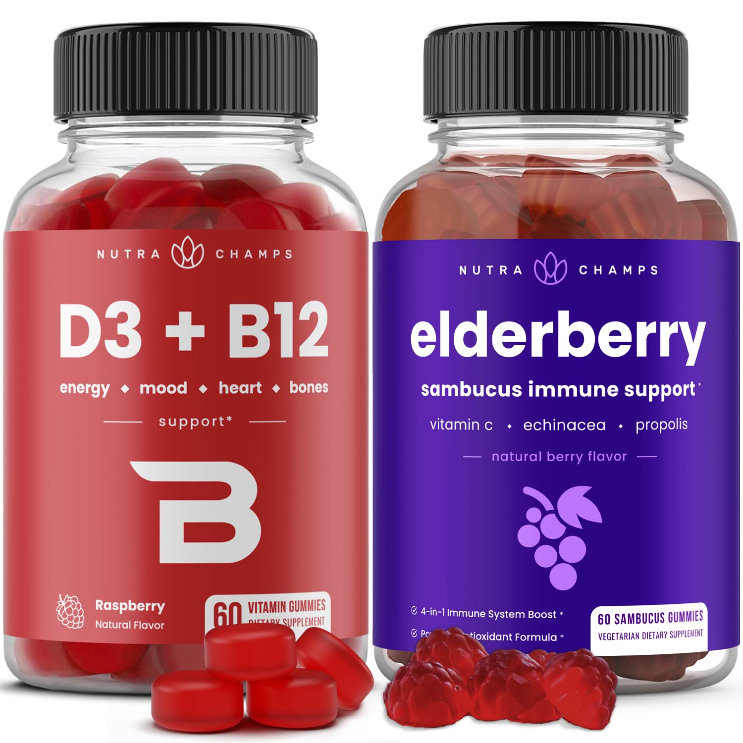 NutraChamps Vitamin B12 Gummies & Elderberry Gummies Bundle - Immune Support & Energy Boost - Perfect for Daily Wellness & Cold Season Defense